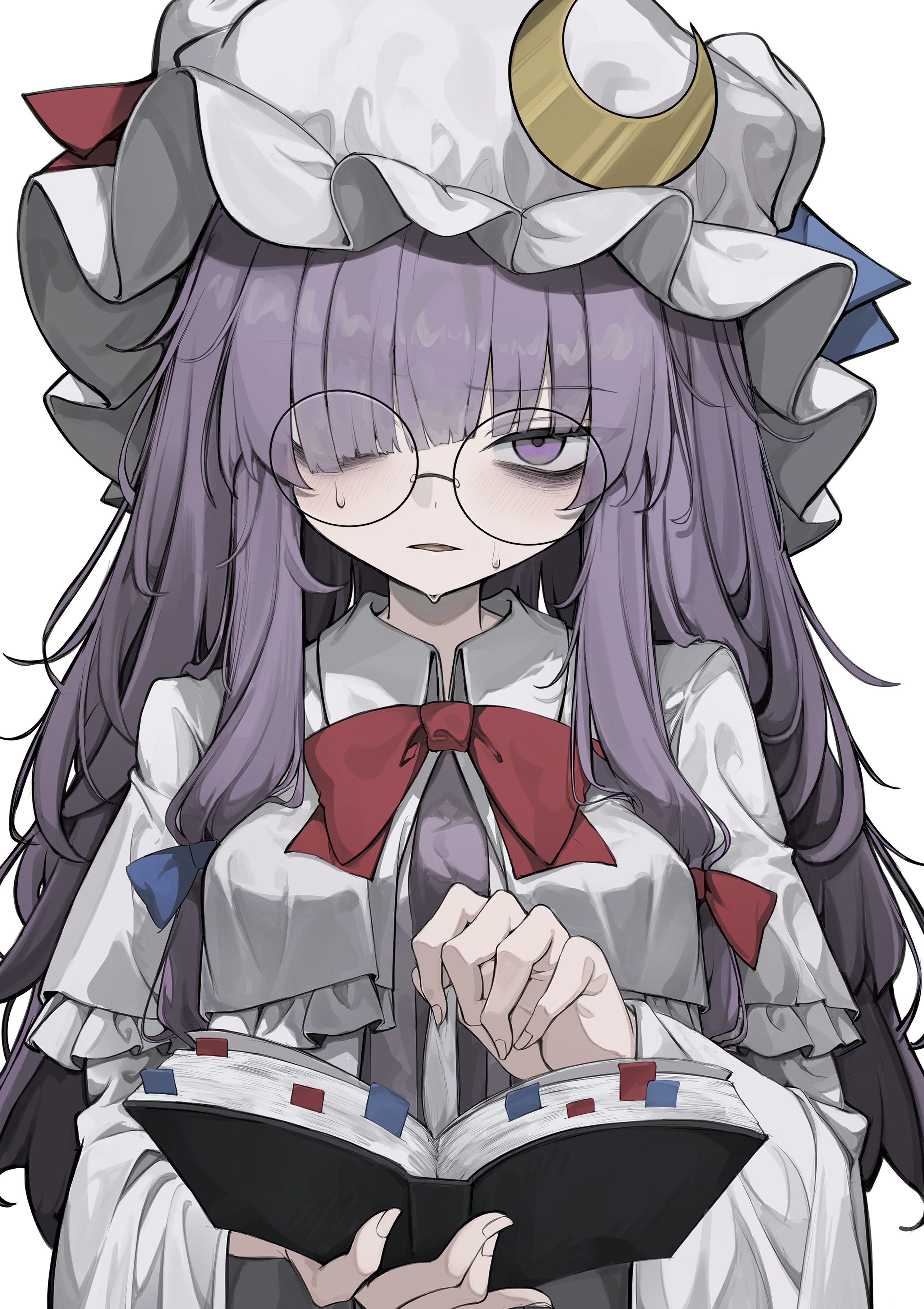 hisha (kan moko), patchouli knowledge, touhou, absurdres, commentary request, highres, 1girl, bags under eyes, book, bow, bowtie, crescent, crescent hat ornament, dress, frilled dress, frills, hair over one eye, hat, hat ornament, holding, holding book, long hair, long sleeves, looking at viewer, mob cap, one eye covered, purple eyes, purple hair, red bow, red bowtie, simple background, solo, sweatdrop, upper body, white background, white dress, white hat, wide sleeves