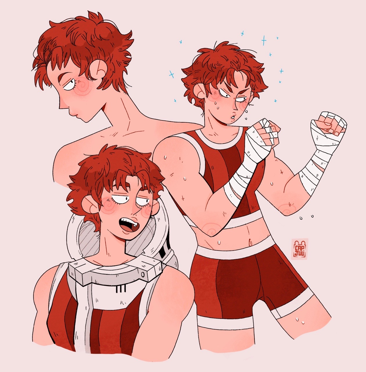 sully (fire emblem), fire emblem, fire emblem awakening, nintendo, commentary, english commentary, highres, 1girl, blush, breasts, crop top, cropped arms, cropped legs, cropped shoulders, eyelashes, jitome, juuter, midriff, multiple views, navel, open mouth, red hair, red shirt, shirt, short hair, simple background, sleeveless, sleeveless shirt, smile, sparkle, sweat, teeth, thick eyebrows, tomboy, toned, toned female, upper teeth only, v-shaped eyebrows, very short hair