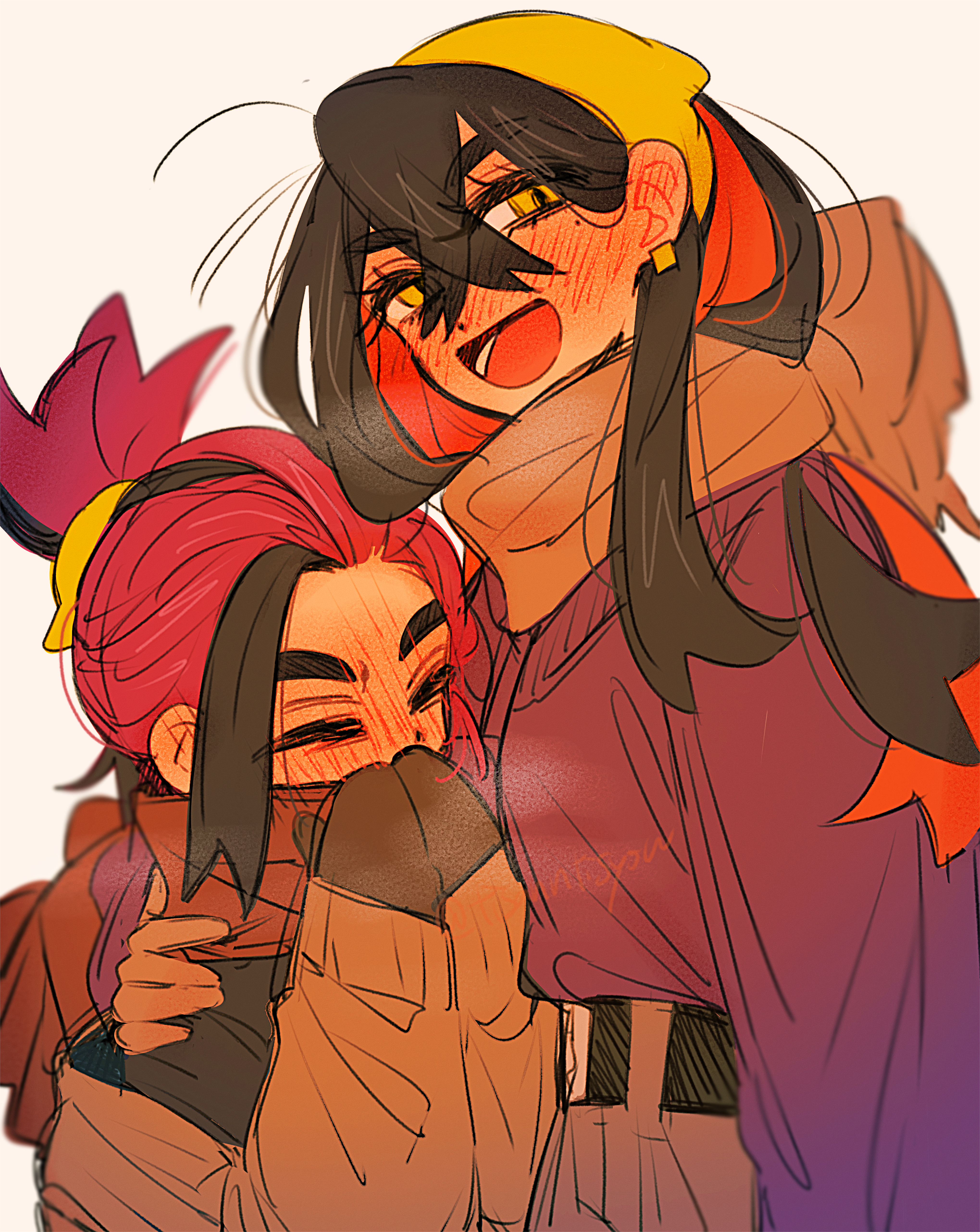 tisanntisyou, carmine (pokemon), kieran (pokemon), nintendo, pokemon, pokemon sv, absurdres, highres, 1boy, 1girl, :d, black hair, breath, brother and sister, brown scarf, colored inner hair, crossed bangs, earrings, hair behind ear, hairband, hand on another's shoulder, jewelry, long hair, long sleeves, loose hair strand, mittens, mole, mole under eye, multicolored hair, open mouth, ponytail, purple hair, red hair, scarf, shirt tucked in, siblings, smile, thick eyebrows, two-tone hair, winter clothes, yellow eyes, yellow hairband