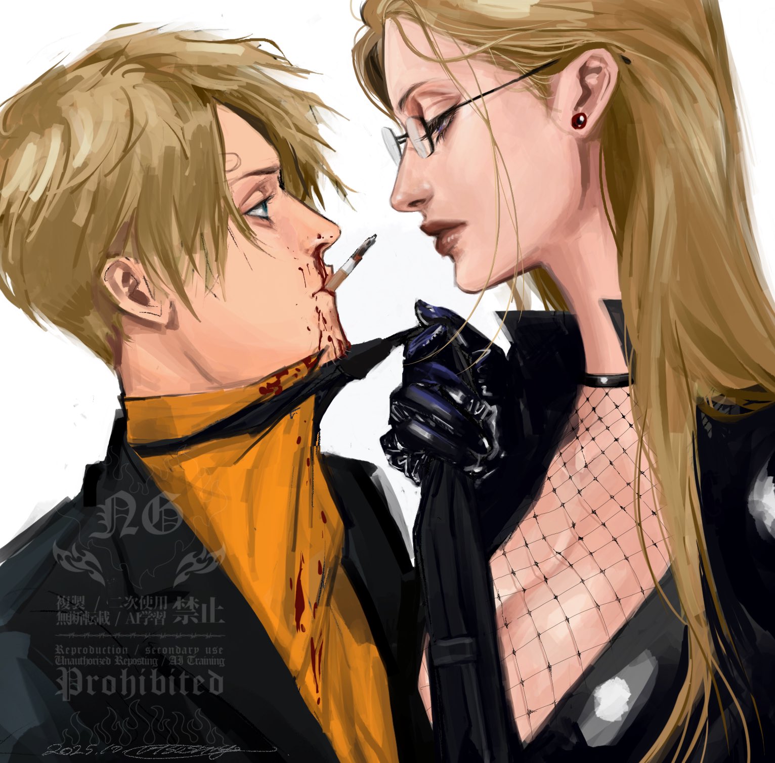 popsweetyio, kalifa (one piece), sanji (one piece), one piece, highres, 1boy, 1girl, assertive female, between breasts, blonde hair, breasts, cigarette, facial hair, goatee, large breasts, long hair, looking at another, mustache stubble, necktie, necktie between breasts, stubble