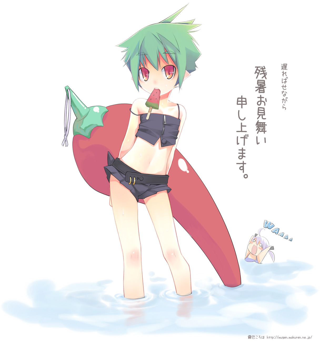 kiritomo koroha, original, highres, 2girls, arms behind back, belt, chili pepper, crop top, flat chest, green hair, midriff, mouth hold, multiple girls, navel, pointy ears, popsicle, red eyes, short hair, shorts, strap slip, wading, water, watermark, watermelon bar, web address, zanshomimai
