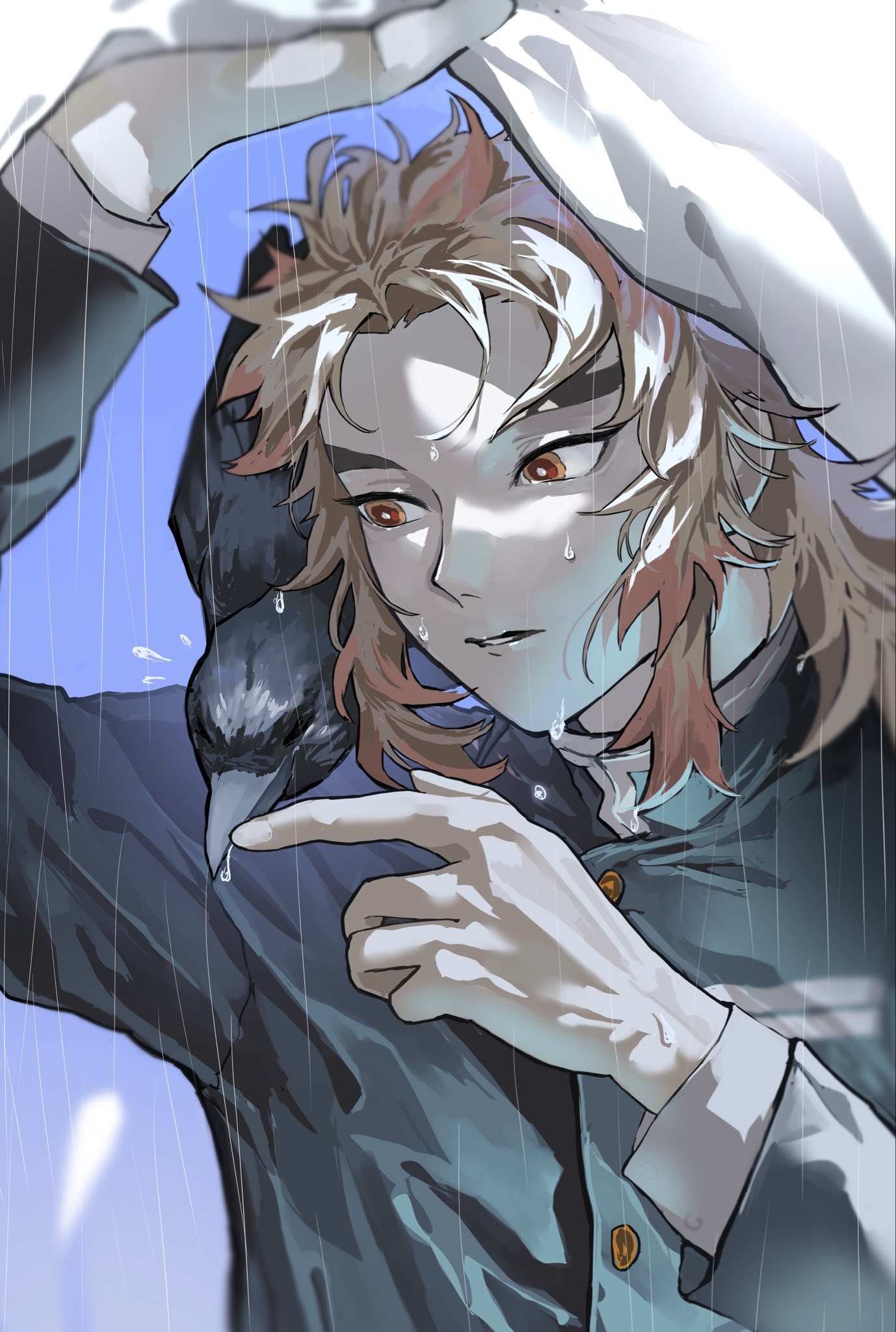 rengoku0930, rengoku kyoujurou, kimetsu no yaiba, highres, 1boy, animal, animal on shoulder, arm up, bird, bird on shoulder, black jacket, blonde hair, bright pupils, buttons, crow, demon slayer uniform, gold buttons, hand up, jacket, kaname (kimetsu no yaiba), male focus, multicolored eyes, multicolored hair, orange hair, parted lips, rain, red eyes, solo, teeth, two-tone eyes, two-tone hair, upper body, wet, white pupils, yellow eyes