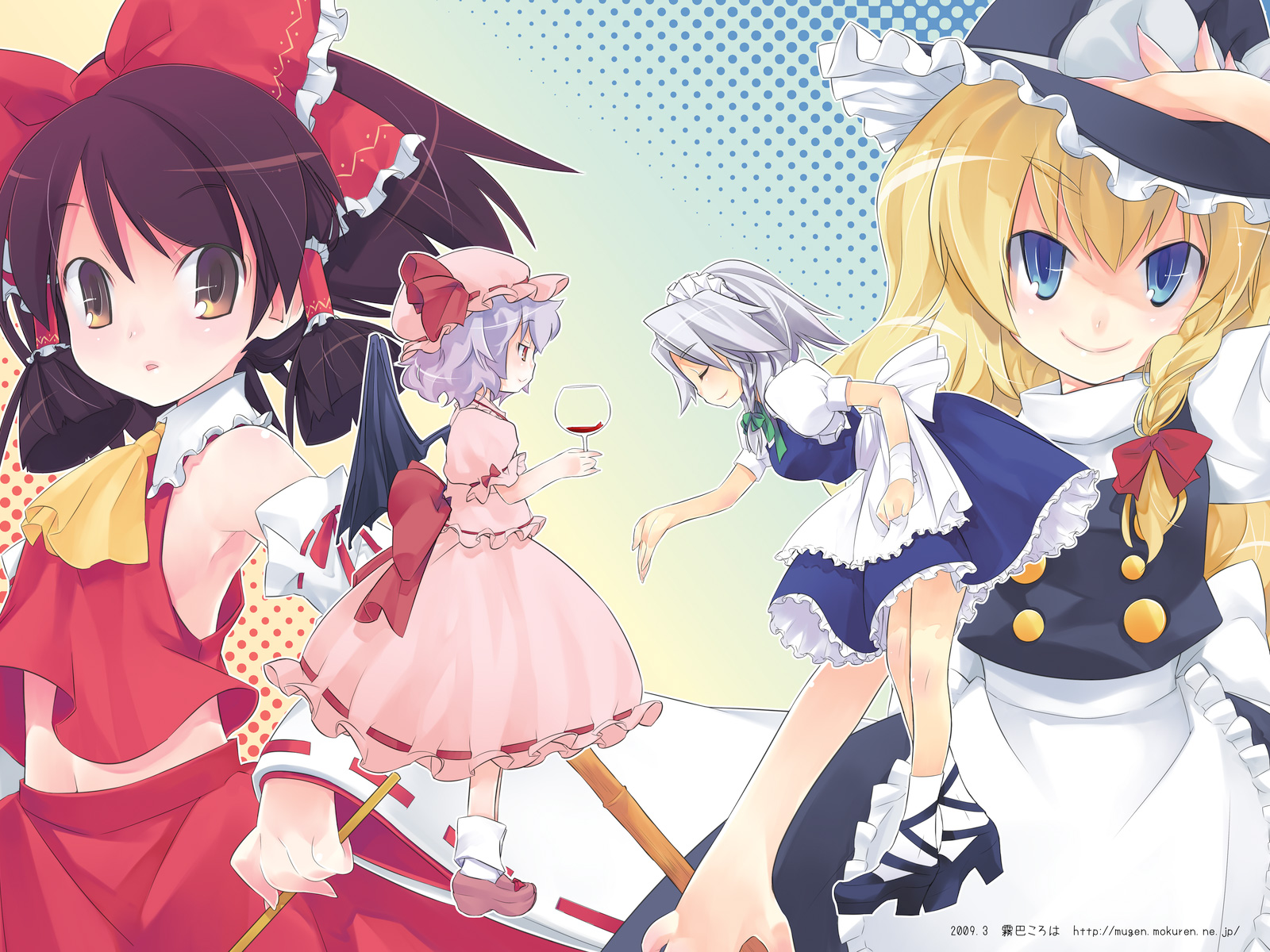 kiritomo koroha, hakurei reimu, izayoi sakuya, kirisame marisa, remilia scarlet, touhou, platform footwear, silver hair, highres, 4girls, arm wrap, armpits, bat wings, black hair, blonde hair, blue eyes, blue hair, bow, bowing, braid, brown hair, cup, detached sleeves, drinking glass, female focus, hand on headwear, hat, japanese clothes, long hair, maid, miko, multiple girls, platform heels, profile, purple hair, red eyes, ribbon, short hair, twin braids, wine glass, wings, witch, witch hat, yellow eyes