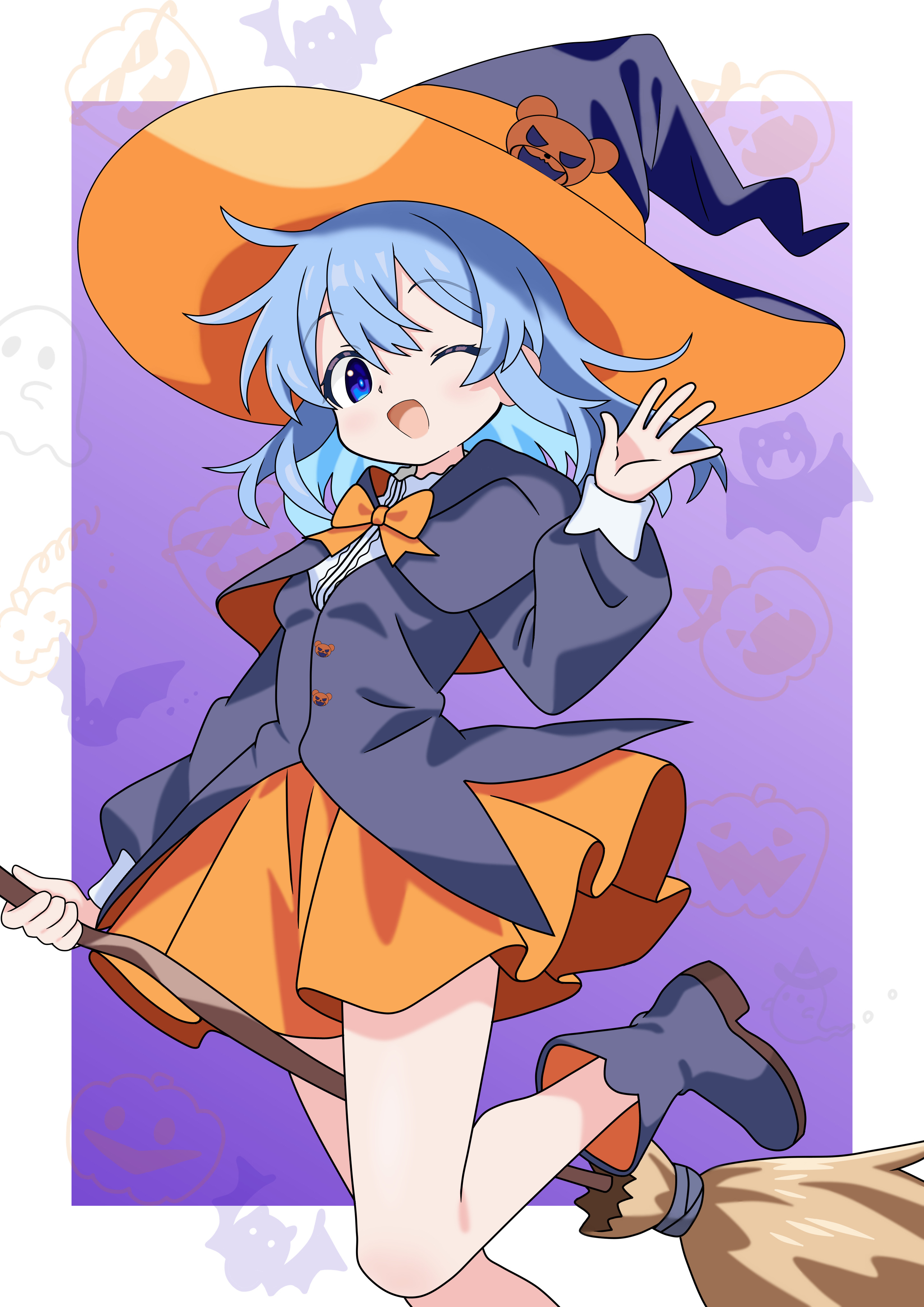 soramame (mvfn8342), original, absurdres, commentary request, highres, 1girl, ;d, black boots, black capelet, black jacket, blue eyes, blue hair, boots, border, bow, bowtie, broom, capelet, foot out of frame, halloween, hat, holding, holding broom, jacket, medium hair, one eye closed, open mouth, orange bow, orange bowtie, orange skirt, outside border, purple background, skirt, smile, solo, two-tone headwear, waving, white border, witch, witch hat