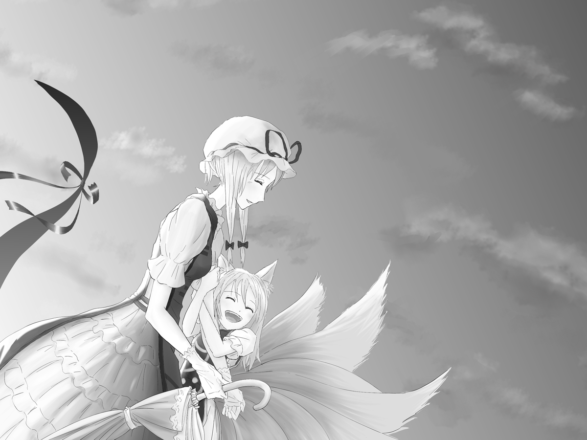 wimifu, yakumo ran, yakumo yukari, touhou, bad id, bad pixiv id, 2girls, aged down, animal ears, female focus, fox ears, fox tail, gap (touhou), greyscale, monochrome, multiple girls, multiple tails, no headwear, ribbon, tail, umbrella