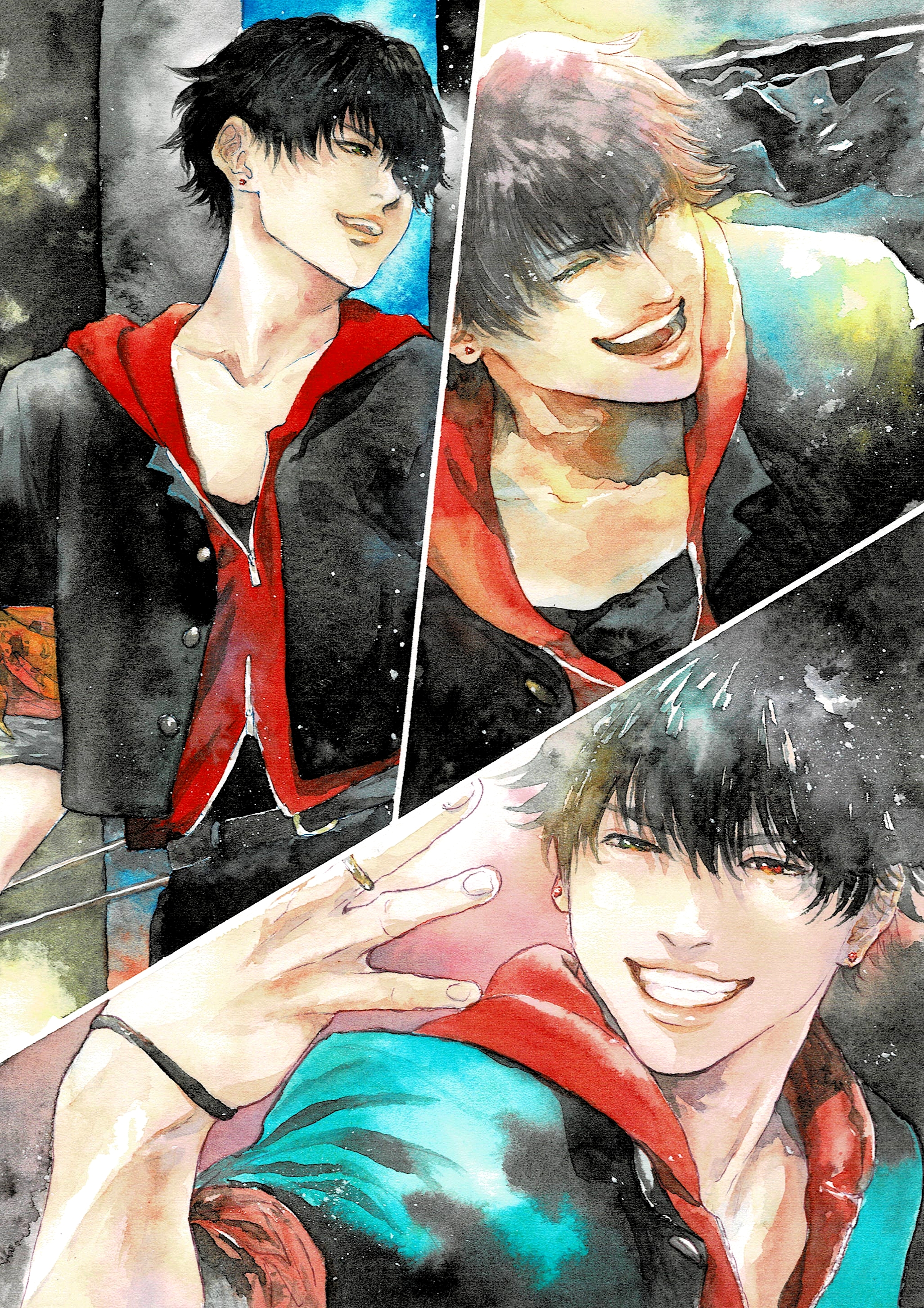 yamada ichiro, yamada ichiro (tdd era), hypnosis mic, hypnosis mic: rule the stage, absurdres, commentary request, highres, painting (medium), traditional media, watercolor (medium), 1boy, arm at side, bandana, bandana around arm, belt, black belt, black hair, black jacket, black pants, black shirt, bracelet, collarbone, cropped jacket, earrings, fingernails, gakuran, green eyes, grin, hair between eyes, hand up, heterochromia, hood, hood down, hoodie, jacket, jacket over hoodie, jewelry, leaning forward, light particles, looking at viewer, looking to the side, male focus, mole, mole under eye, multiple views, narrowed eyes, official alternate costume, open clothes, open jacket, open mouth, pants, realistic, red bandana, red eyes, red hoodie, ring, saatooiimooo, school uniform, shirt, short hair, sleeves rolled up, smile, spread fingers, stud earrings, unzipped, upper body, very short hair, wispy bangs, zipper, zipper pull tab