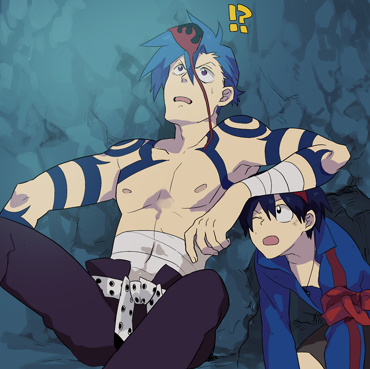 zukki (suzukio), kamina (ttgl), simon (ttgl), tengen toppa gurren lagann, bad id, bad pixiv id, !?, 00s, 2boys, arm support, bandages, bikini, bikini top only, black hair, blue hair, male focus, multiple boys, surprised, swimsuit, tattoo, topless male