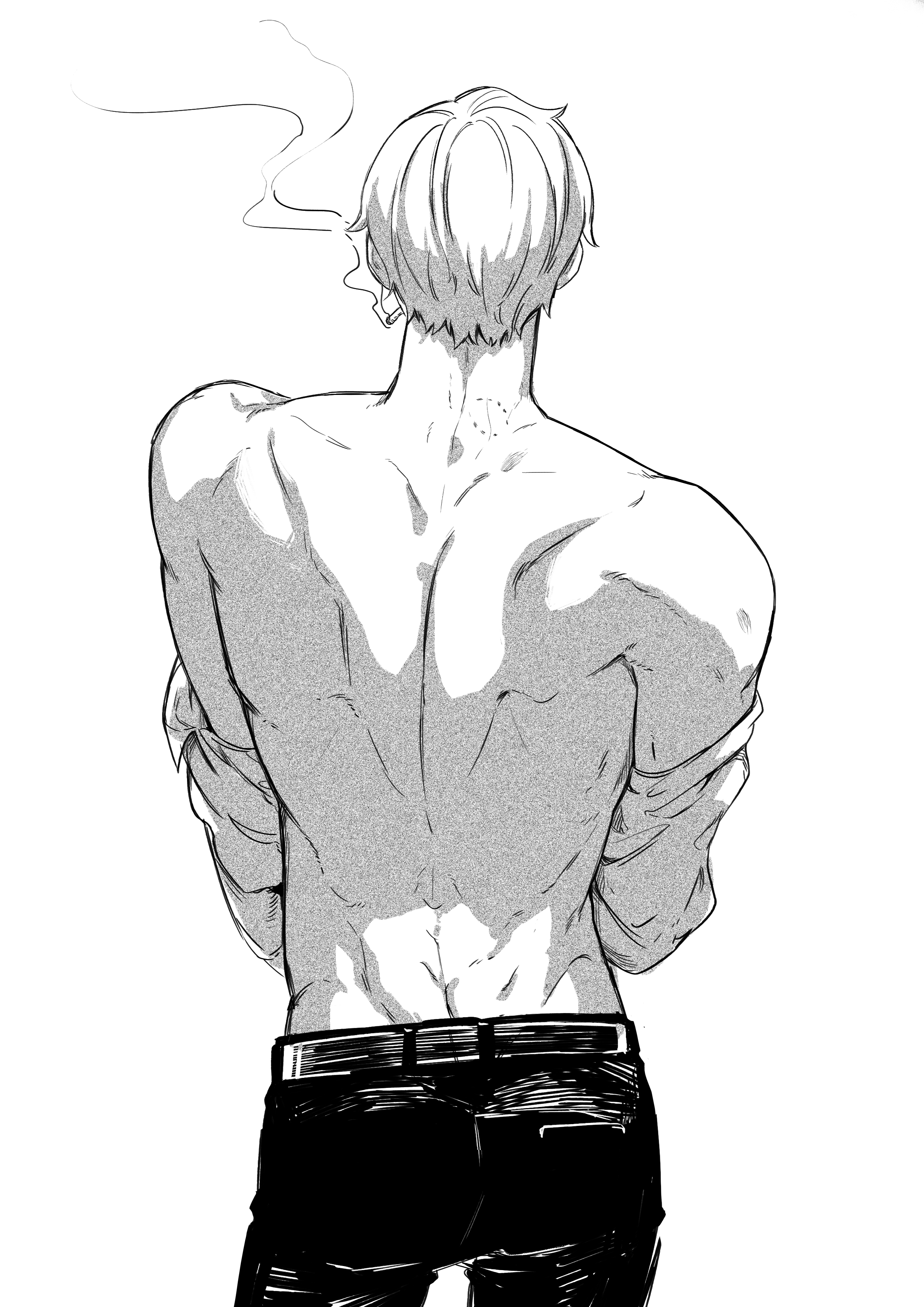 jennyandloiryan, sanji (one piece), one piece, absurdres, highres, 1boy, back, back focus, bare back, cigarette, male focus, monochrome, muscular, muscular male, shirt, smoke, solo, unworn shirt