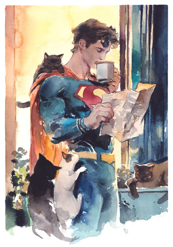 itoscaresme, superman, dc comics, superman (series), commentary, english commentary, painting (medium), traditional media, watercolor (medium), 1boy, animal, animal on shoulder, belt, black cat, black hair, blue bodysuit, bodysuit, border, calico (pattern), calico cat, cape, cat, cat on shoulder, closed eyes, coffee mug, cropped legs, cup, drinking, holding, holding cup, holding newspaper, male focus, mug, newspaper, plant, red cape, short hair, short sideburns, siamese cat, solo, superhero costume, superman logo, white border, yellow belt