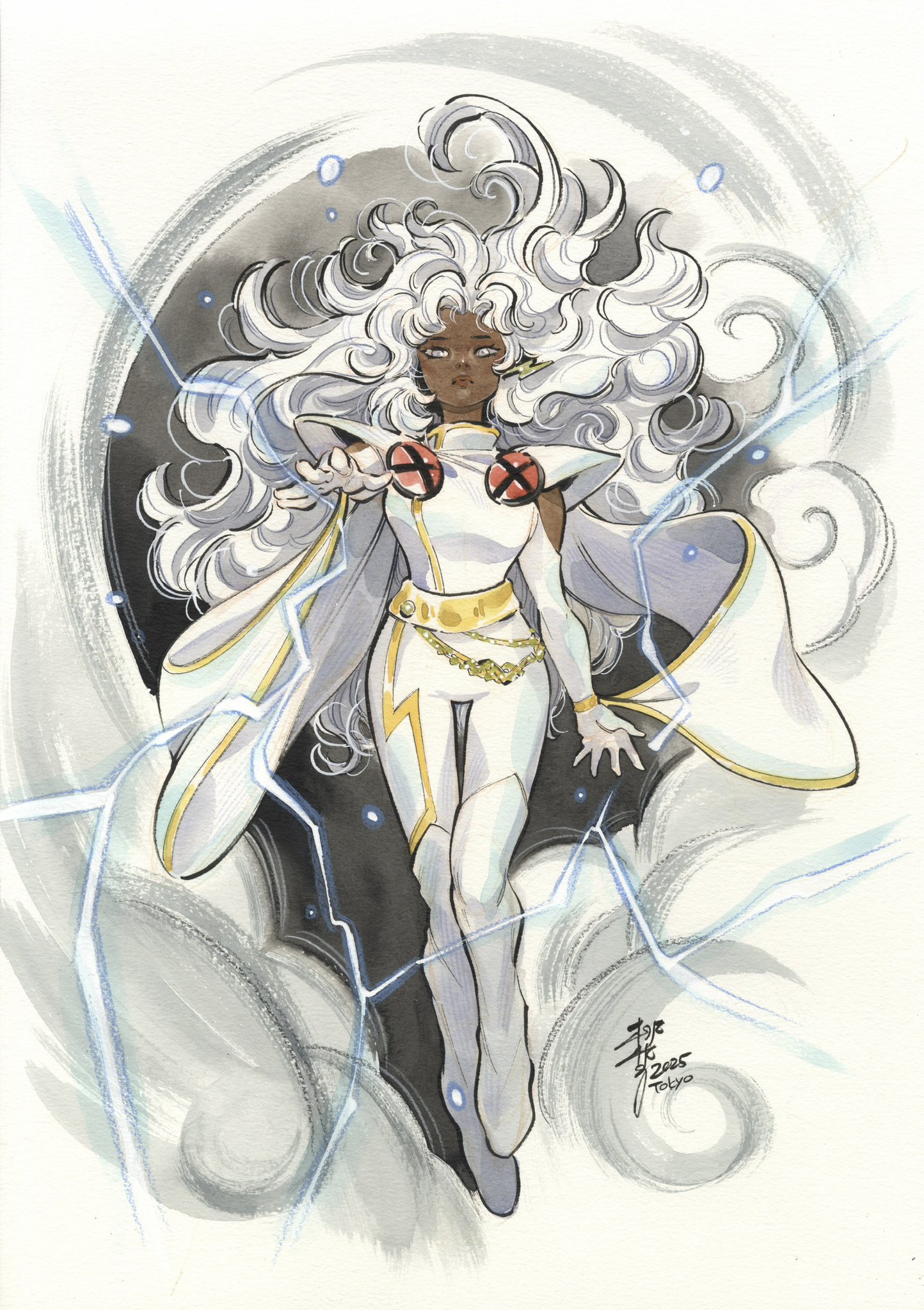 peach momoko, storm (x-men), marvel, x-men, highres, 1girl, 2025, aerokinesis, armor, belt, big hair, boots, cape, cloud, dark-skinned female, dark skin, earrings, elbow gloves, electricity, electrokinesis, expressionless, floating hair, flying, full body, gloves, gold belt, jewelry, lightning, lightning bolt earrings, lightning bolt symbol, long hair, looking at viewer, outstretched arm, outstretched hand, pauldrons, pointing, pointing at viewer, shoulder armor, signature, solo, superhero costume, very dark skin, very long hair, white boots, white cape, white eyes, white gloves, white hair, wind