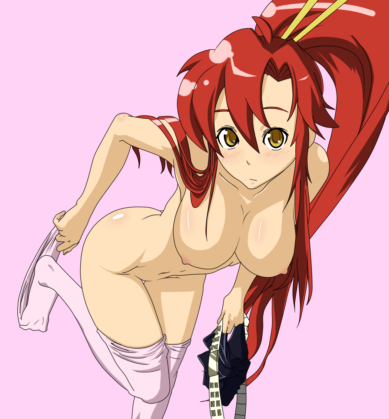 yoko littner, tengen toppa gurren lagann, artist request, bad id, bad pixiv id, derivative work, highres, 00s, 1girl, ahoge, belt, bent over, blush, body blush, breasts, embarrassed, eyewear on head, female focus, hair between eyes, hair ornament, hanging breasts, high ponytail, holding, large breasts, leaning forward, long hair, looking at viewer, navel, nipples, nude, pink background, pink thighhighs, ponytail, pull, pulling, red hair, safety glasses, short shorts, shorts, sidelocks, simple background, solo, standing, standing on one leg, studded belt, sunglasses, thigh gap, thighhighs, thighhighs pull, toe scrunch, undressing, very long hair, yellow eyes
