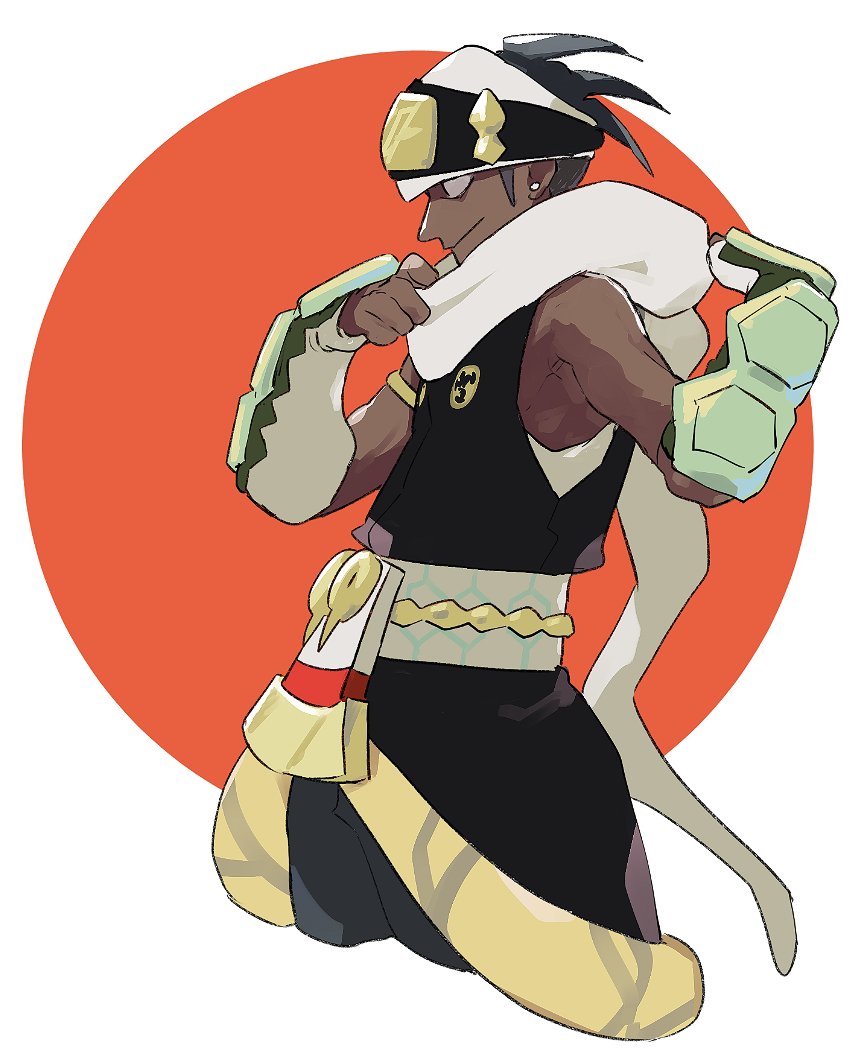 kinkokin (haikinkinhai), raihan (new year's 2025) (pokemon), raihan (pokemon), nintendo, pokemon, pokemon masters ex, 1boy, arm guards, black hair, dark-skinned male, dark skin, forehead protector, from side, male focus, official alternate costume, scarf, solo, white scarf