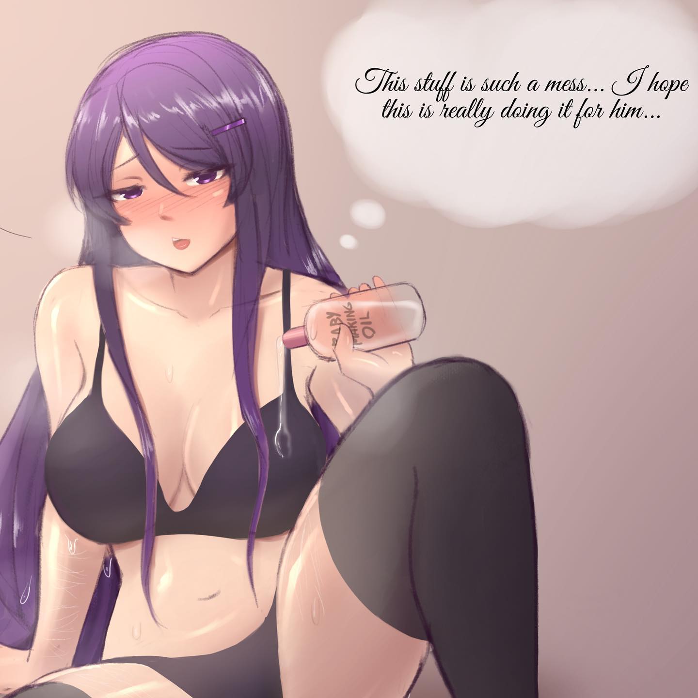 dbag (dbagdraws), yuri (doki doki literature club), doki doki literature club, commentary, english commentary, highres, paid reward available, 1girl, black bra, black panties, black thighhighs, blush, bottle, bra, breasts, collarbone, dropping, english text, eyelashes, hair between eyes, hair ornament, hairclip, holding, holding bottle, long hair, navel, nose blush, oiled, open mouth, panties, pink background, purple eyes, purple hair, shiny skin, sidelocks, simple background, solo, speech bubble, stomach, thick thighs, thighhighs, thighs, thought bubble, underwear, very long hair
