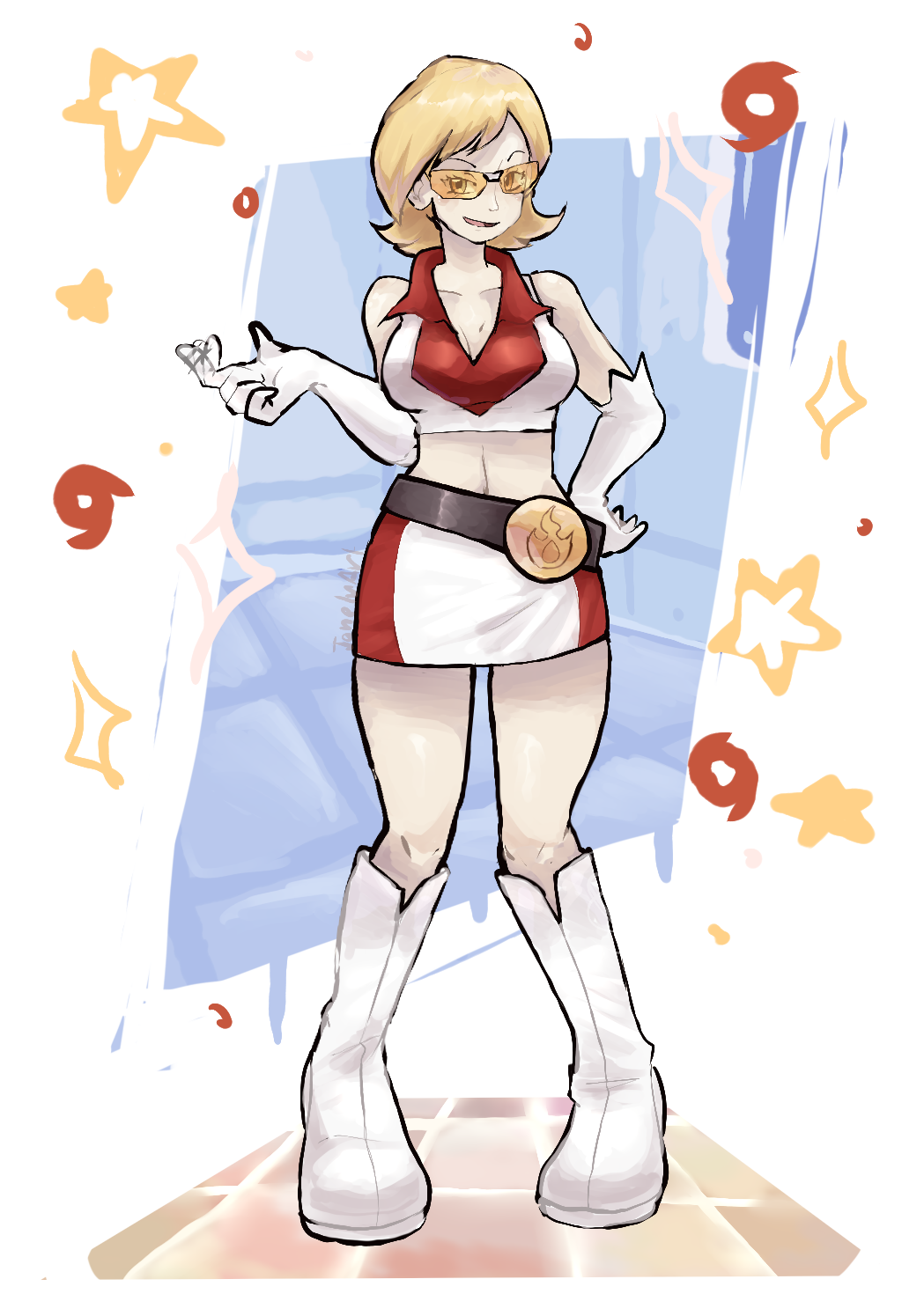 ragou2niko, go-rock squad grunt (pokemon), nintendo, pokemon, pokemon ranger (series), pokemon ranger 1, commission, highres, mixed-language commentary, pixiv commission, variant set, 1girl, bare shoulders, belt, black belt, blonde hair, boots, breasts, cleavage, collarbone, collared shirt, crop top, elbow gloves, gloves, go-rock squad, hand on own hip, midriff, open mouth, shirt, short hair, skirt, sleeveless, sleeveless shirt, smile, solo, standing, star (symbol), tinted eyewear, white boots, white gloves, white shirt, white skirt, yellow-tinted eyewear