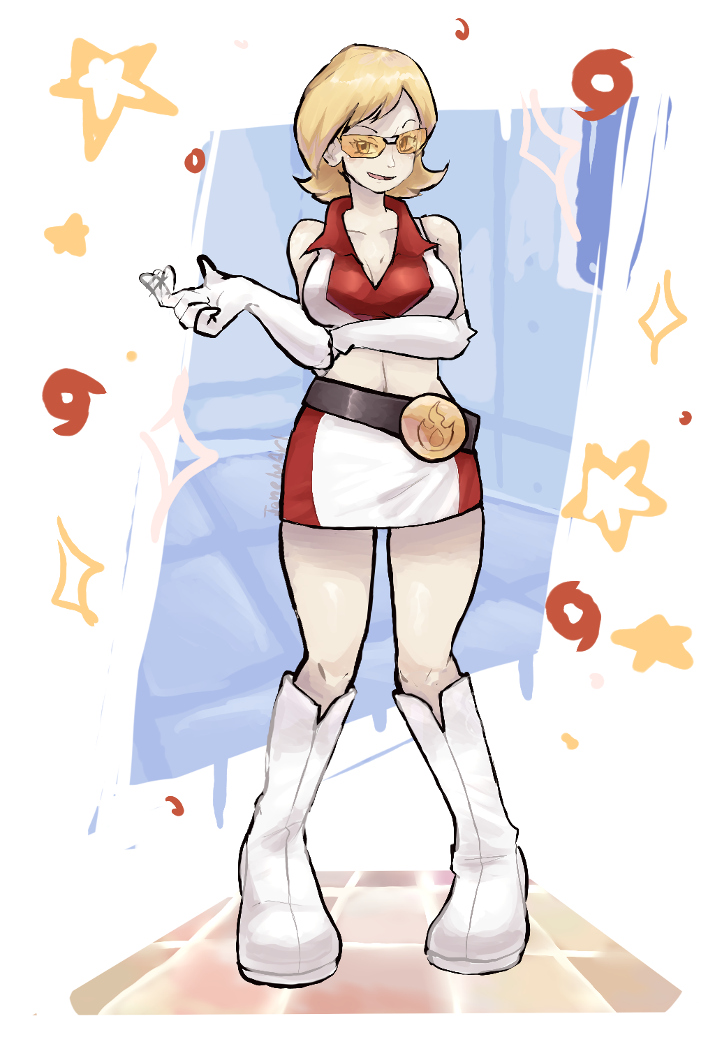 ragou2niko, go-rock squad grunt (pokemon), nintendo, pokemon, pokemon ranger (series), pokemon ranger 1, commission, highres, mixed-language commentary, pixiv commission, variant set, 1girl, bare shoulders, belt, black belt, blonde hair, boots, breasts, cleavage, collarbone, collared shirt, crop top, elbow gloves, gloves, go-rock squad, midriff, open mouth, shirt, short hair, skirt, sleeveless, sleeveless shirt, smile, solo, standing, star (symbol), tinted eyewear, white boots, white gloves, white shirt, white skirt, yellow-tinted eyewear