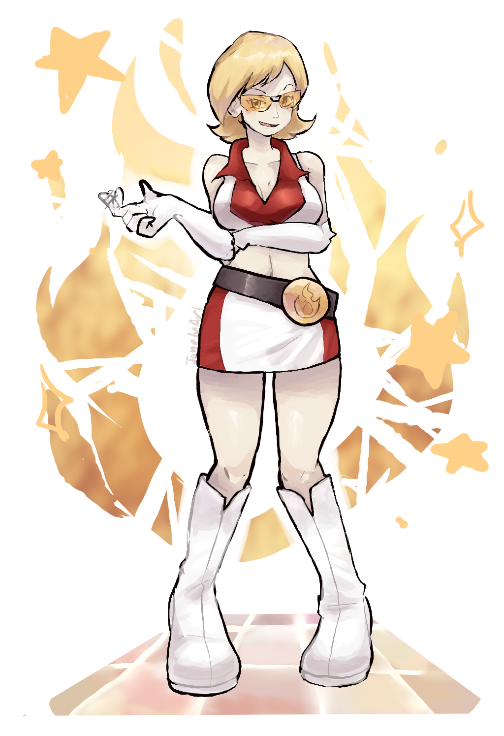 ragou2niko, go-rock squad grunt (pokemon), nintendo, pokemon, pokemon ranger (series), pokemon ranger 1, commission, highres, mixed-language commentary, pixiv commission, variant set, 1girl, bare shoulders, belt, black belt, blonde hair, boots, breasts, cleavage, collarbone, collared shirt, crop top, elbow gloves, gloves, go-rock squad, midriff, open mouth, shirt, short hair, skirt, sleeveless, sleeveless shirt, smile, solo, standing, tinted eyewear, white boots, white gloves, white shirt, white skirt, yellow-tinted eyewear