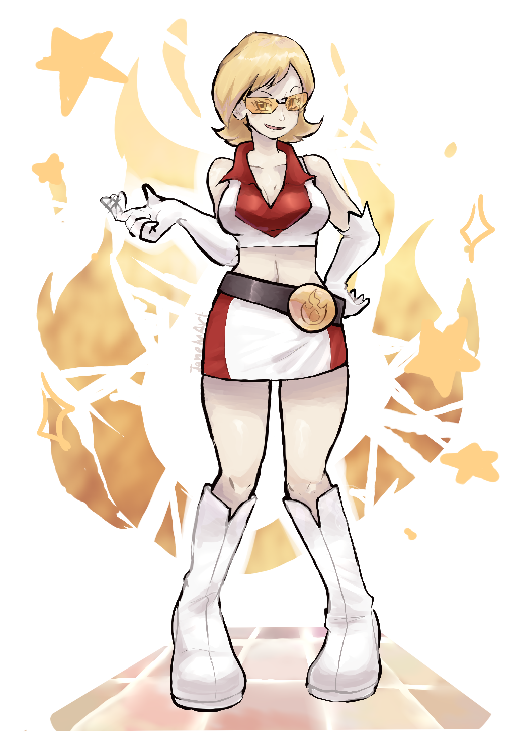 ragou2niko, go-rock squad grunt (pokemon), nintendo, pokemon, pokemon ranger (series), pokemon ranger 1, commission, highres, mixed-language commentary, pixiv commission, variant set, 1girl, bare shoulders, belt, black belt, blonde hair, boots, breasts, cleavage, collarbone, collared shirt, crop top, elbow gloves, gloves, go-rock squad, hand on own hip, midriff, open mouth, shirt, short hair, skirt, sleeveless, sleeveless shirt, smile, solo, standing, tinted eyewear, white boots, white gloves, white shirt, white skirt, yellow-tinted eyewear