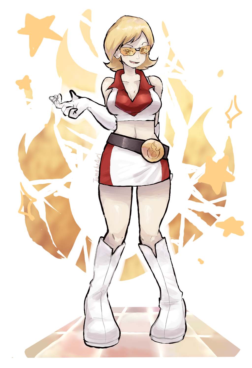 ragou2niko, go-rock squad grunt (pokemon), nintendo, pokemon, pokemon ranger (series), pokemon ranger 1, commission, highres, mixed-language commentary, pixiv commission, variant set, 1girl, bare shoulders, belt, black belt, blonde hair, boots, breasts, cleavage, collarbone, collared shirt, crop top, elbow gloves, gloves, go-rock squad, midriff, open mouth, shirt, short hair, skirt, sleeveless, sleeveless shirt, smile, solo, standing, tinted eyewear, white boots, white gloves, white shirt, white skirt, yellow-tinted eyewear