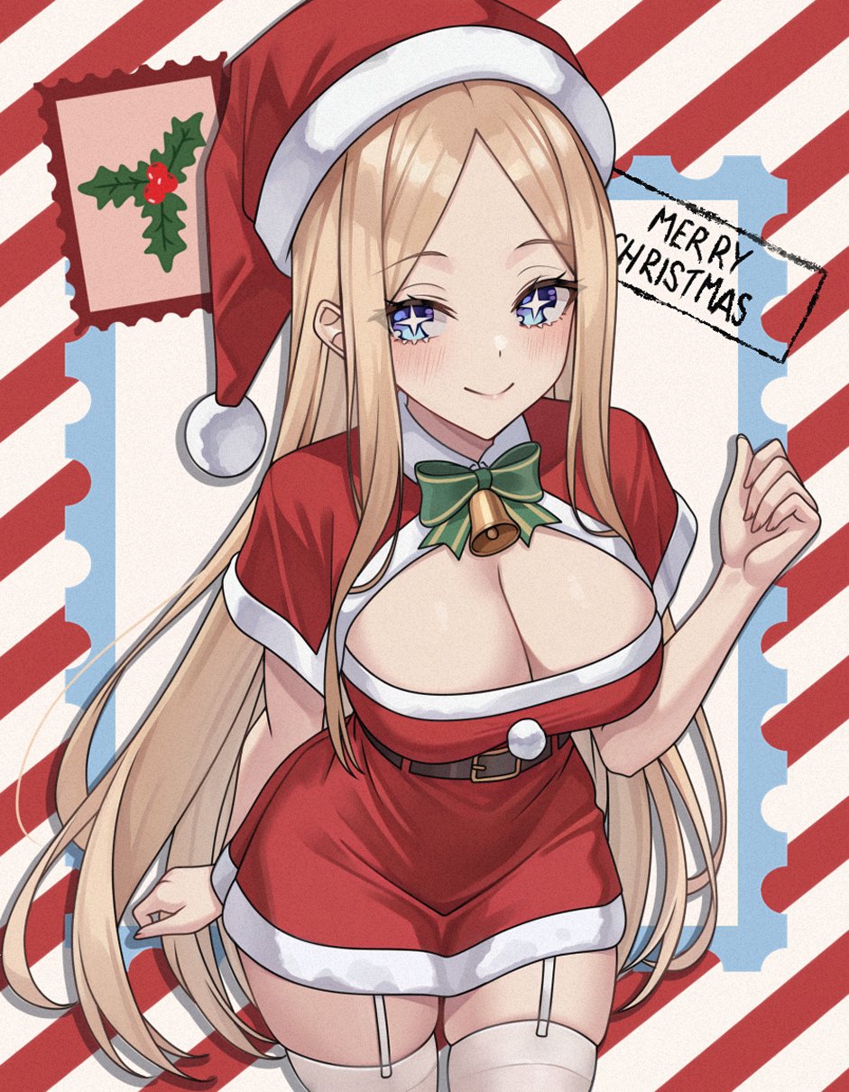 aadka5, original, highres, + +, 1girl, bell, belt, black belt, blonde hair, blush, bow, breasts, christmas, feet out of frame, hat, large breasts, long hair, looking at viewer, low neckline, merry christmas, santa hat, smile, solo, thighhighs, white thighhighs