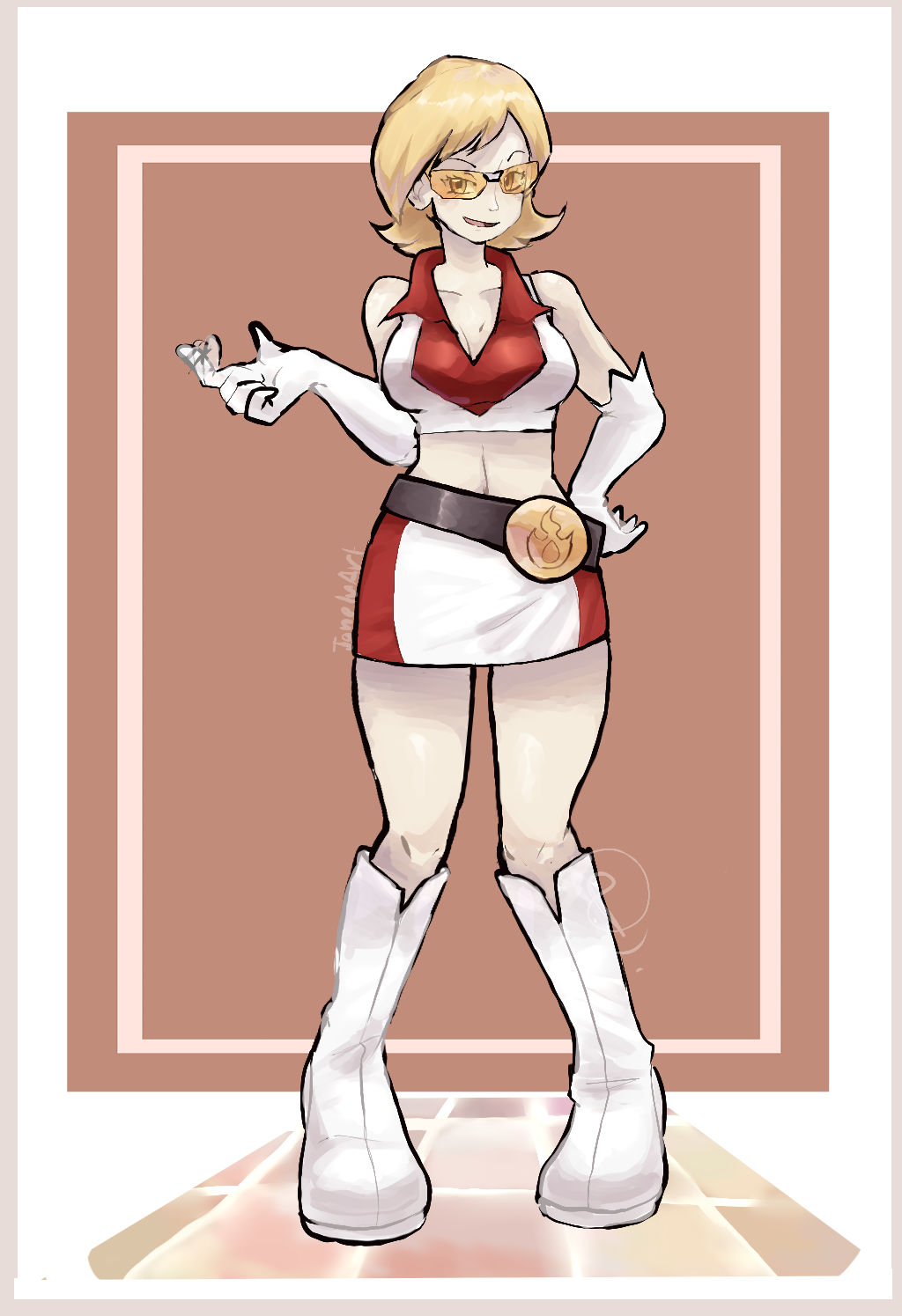 ragou2niko, go-rock squad grunt (pokemon), nintendo, pokemon, pokemon ranger (series), pokemon ranger 1, commission, highres, mixed-language commentary, pixiv commission, variant set, 1girl, bare shoulders, belt, black belt, blonde hair, boots, breasts, cleavage, collarbone, collared shirt, crop top, elbow gloves, gloves, go-rock squad, hand on own hip, midriff, open mouth, shirt, short hair, skirt, sleeveless, sleeveless shirt, smile, solo, standing, tinted eyewear, white boots, white gloves, white shirt, white skirt, yellow-tinted eyewear