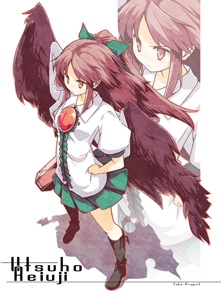 mizoguchi keiji, reiuji utsuho, touhou, bad id, bad pixiv id, 1girl, arm cannon, black wings, boots, bow, brown eyes, brown hair, female focus, from above, hair bow, hand on own hip, long hair, perspective, serious, shadow, sidelocks, solo, standing, weapon, wings, zoom layer