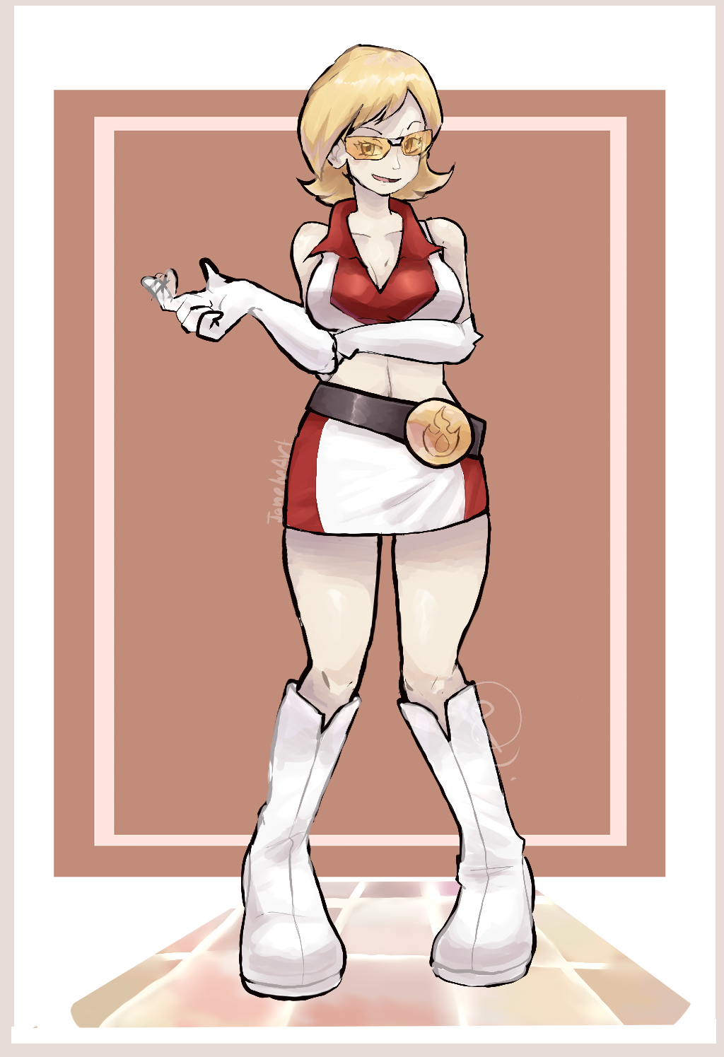 ragou2niko, go-rock squad grunt (pokemon), nintendo, pokemon, pokemon ranger (series), pokemon ranger 1, commission, highres, mixed-language commentary, pixiv commission, variant set, 1girl, bare shoulders, belt, black belt, blonde hair, boots, breasts, cleavage, collarbone, collared shirt, crop top, elbow gloves, gloves, go-rock squad, midriff, open mouth, shirt, short hair, skirt, sleeveless, sleeveless shirt, smile, solo, standing, tinted eyewear, white boots, white gloves, white shirt, white skirt, yellow-tinted eyewear