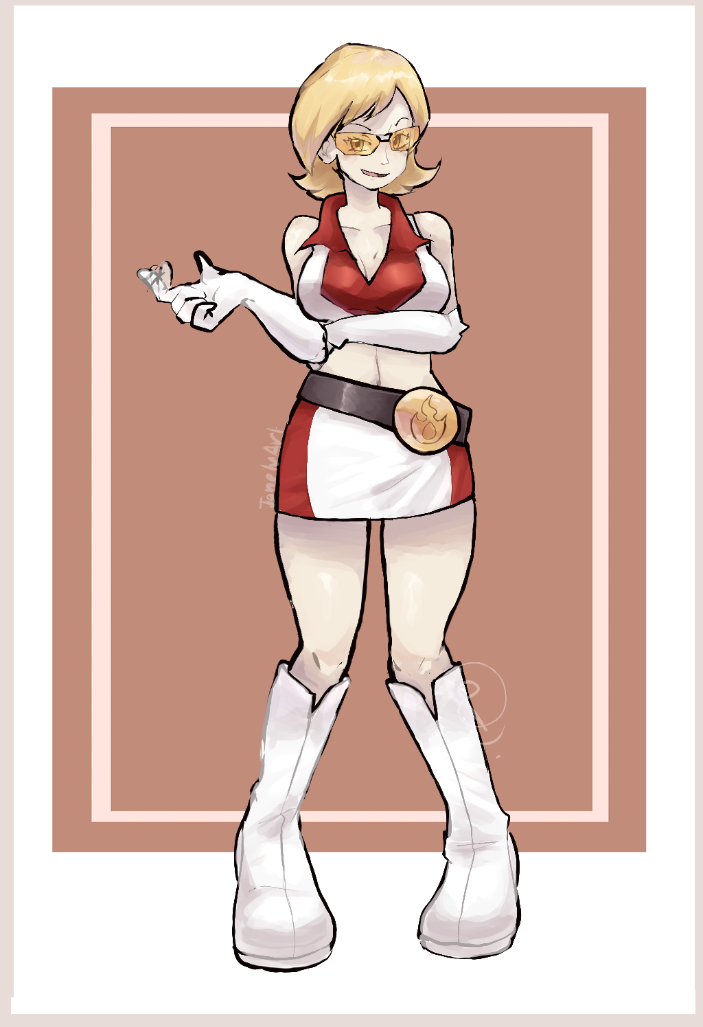 ragou2niko, go-rock squad grunt (pokemon), nintendo, pokemon, pokemon ranger (series), pokemon ranger 1, commission, highres, mixed-language commentary, pixiv commission, variant set, 1girl, bare shoulders, belt, black belt, blonde hair, boots, breasts, cleavage, collarbone, collared shirt, crop top, elbow gloves, gloves, go-rock squad, midriff, open mouth, shirt, short hair, skirt, sleeveless, sleeveless shirt, smile, solo, standing, tinted eyewear, white boots, white gloves, white shirt, white skirt, yellow-tinted eyewear