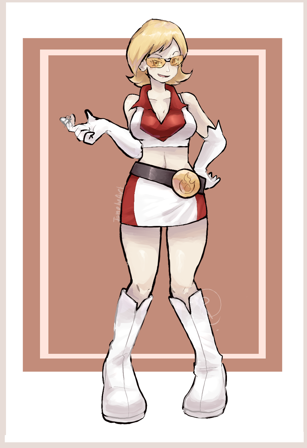 ragou2niko, go-rock squad grunt (pokemon), nintendo, pokemon, pokemon ranger (series), pokemon ranger 1, commission, highres, mixed-language commentary, pixiv commission, variant set, 1girl, bare shoulders, belt, black belt, blonde hair, boots, breasts, cleavage, collarbone, collared shirt, crop top, elbow gloves, gloves, go-rock squad, hand on own hip, midriff, open mouth, shirt, short hair, skirt, sleeveless, sleeveless shirt, smile, solo, standing, tinted eyewear, white boots, white gloves, white shirt, white skirt, yellow-tinted eyewear