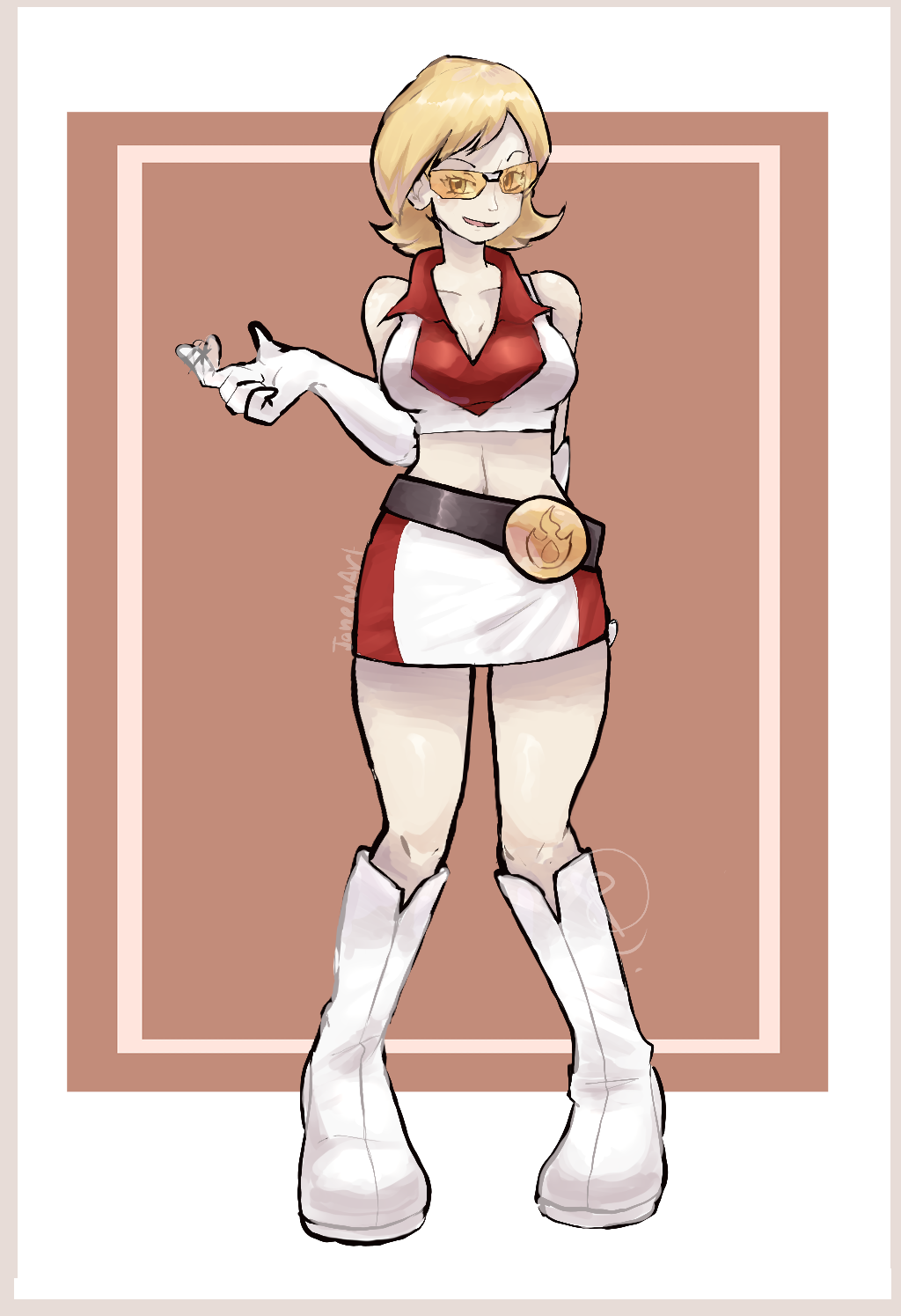 ragou2niko, go-rock squad grunt (pokemon), nintendo, pokemon, pokemon ranger (series), pokemon ranger 1, commission, highres, mixed-language commentary, pixiv commission, variant set, 1girl, bare shoulders, belt, black belt, blonde hair, boots, breasts, cleavage, collarbone, collared shirt, crop top, elbow gloves, gloves, go-rock squad, midriff, open mouth, shirt, short hair, skirt, sleeveless, sleeveless shirt, smile, solo, standing, tinted eyewear, white boots, white gloves, white shirt, white skirt, yellow-tinted eyewear