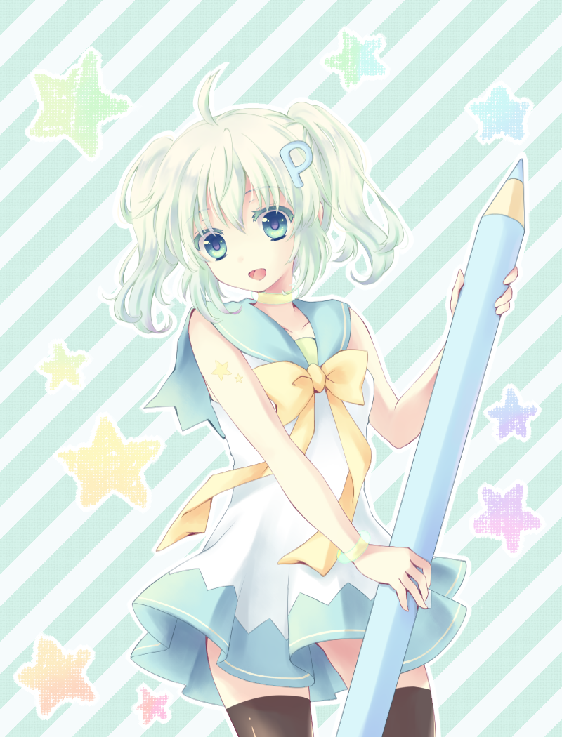 kai aki, pixiv-tan, pixiv, striped, bad id, bad pixiv id, 1girl, aqua eyes, aqua hair, bracelet, female focus, jewelry, open mouth, oversized object, pencil, school uniform, serafuku, solo, star (symbol), stylus, thighhighs, twintails