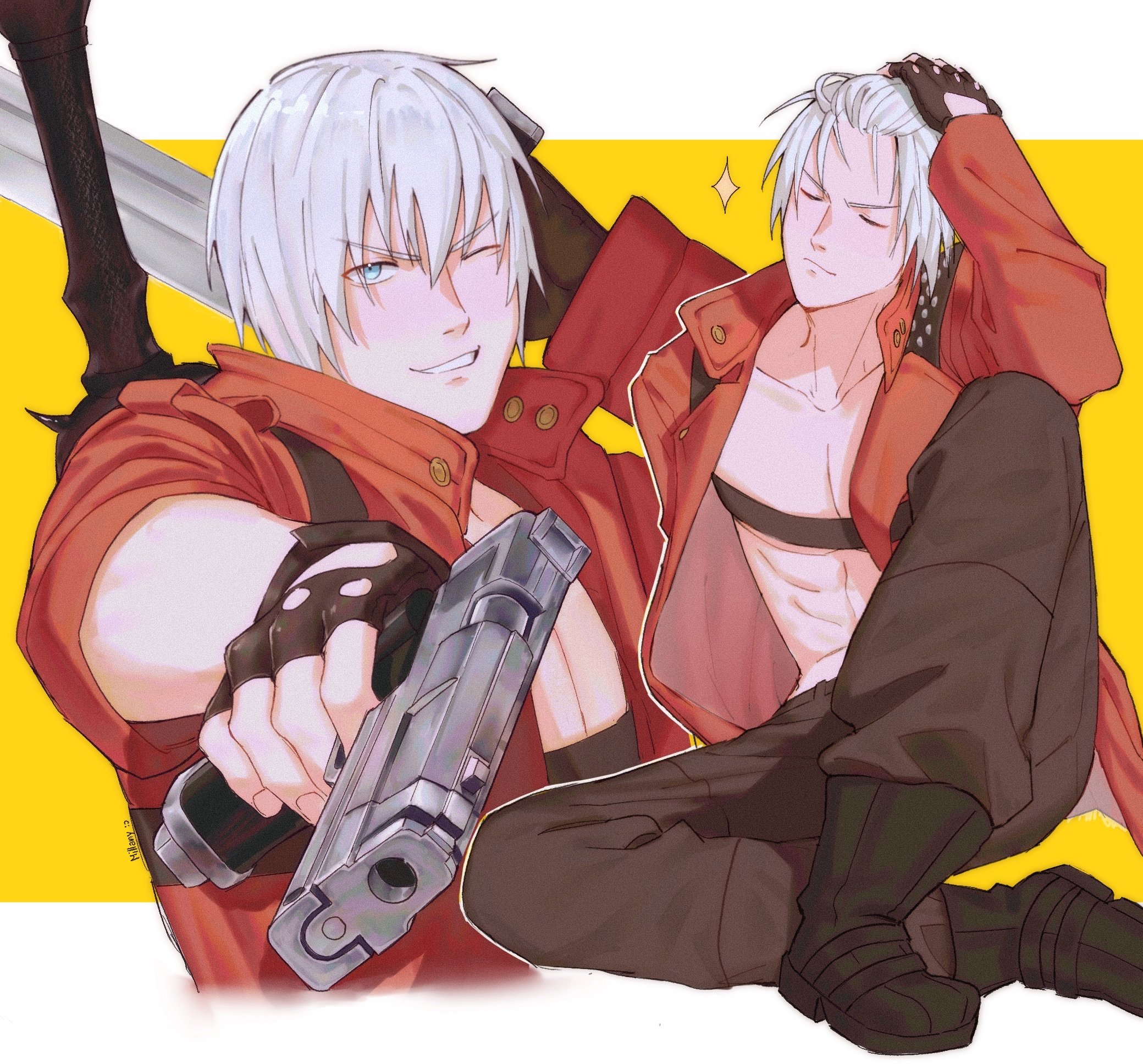 millanyy, dante (devil may cry), devil may cry, devil may cry (series), devil may cry 3, hashtag-only commentary, highres, 1boy, abs, bare pectorals, black boots, black pants, blue eyes, boots, chest strap, closed eyes, closed mouth, coat, collarbone, dual wielding, gun, holding, holding gun, holding weapon, looking at viewer, male focus, multiple views, one eye closed, open clothes, open coat, pants, pectorals, red coat, short hair, sitting, smile, sparkle, sword, sword on back, weapon, weapon on back, white hair