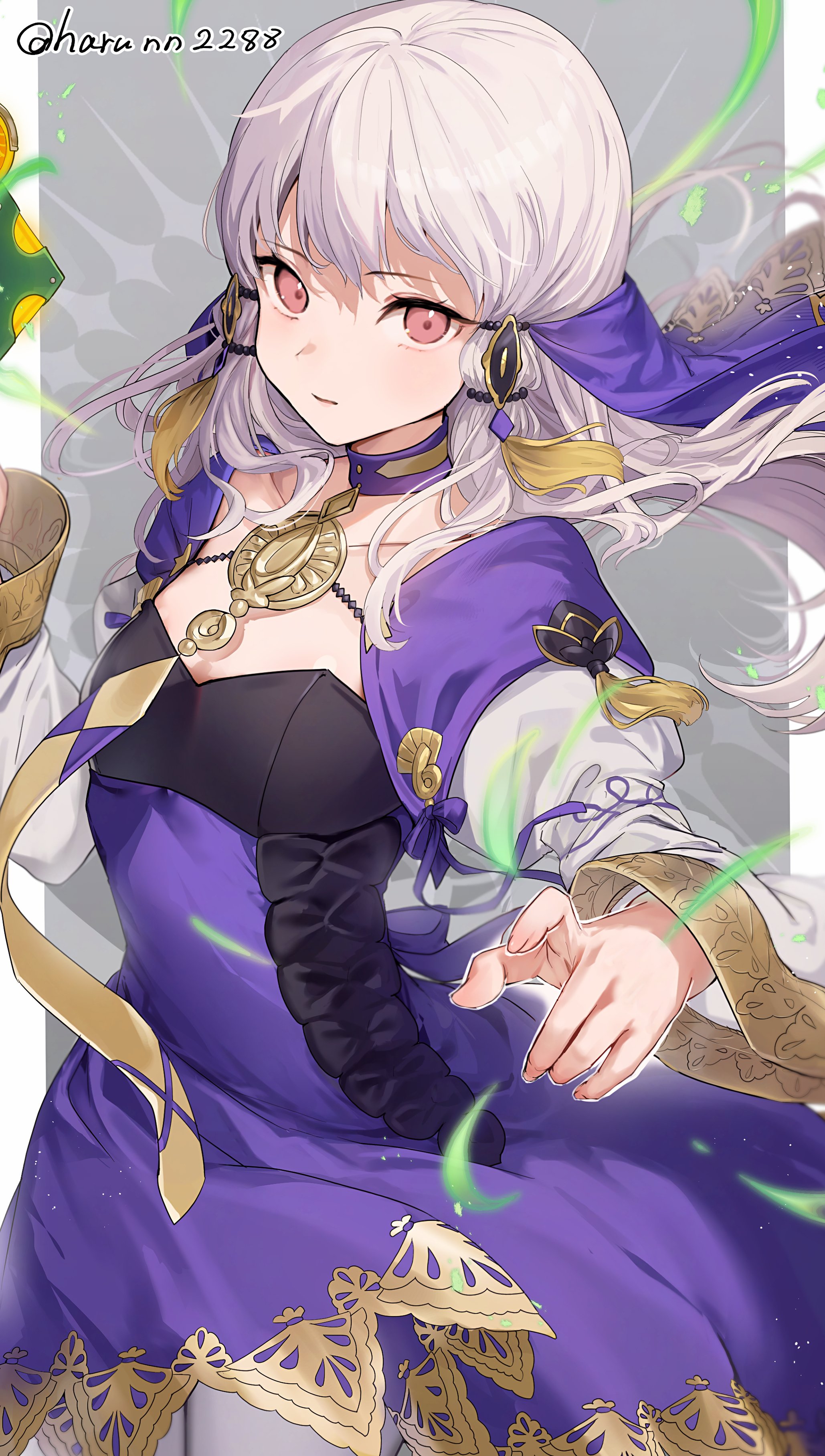haru (nakajou-28), lysithea von ordelia, lysithea von ordelia (timeskip), fire emblem, fire emblem: three houses, nintendo, absurdres, highres, 1girl, blush, breasts, choker, closed mouth, dress, hair ornament, long hair, long sleeves, looking at viewer, magic, pantyhose, pink eyes, purple choker, purple dress, purple veil, small breasts, solo, veil, white hair, white pantyhose