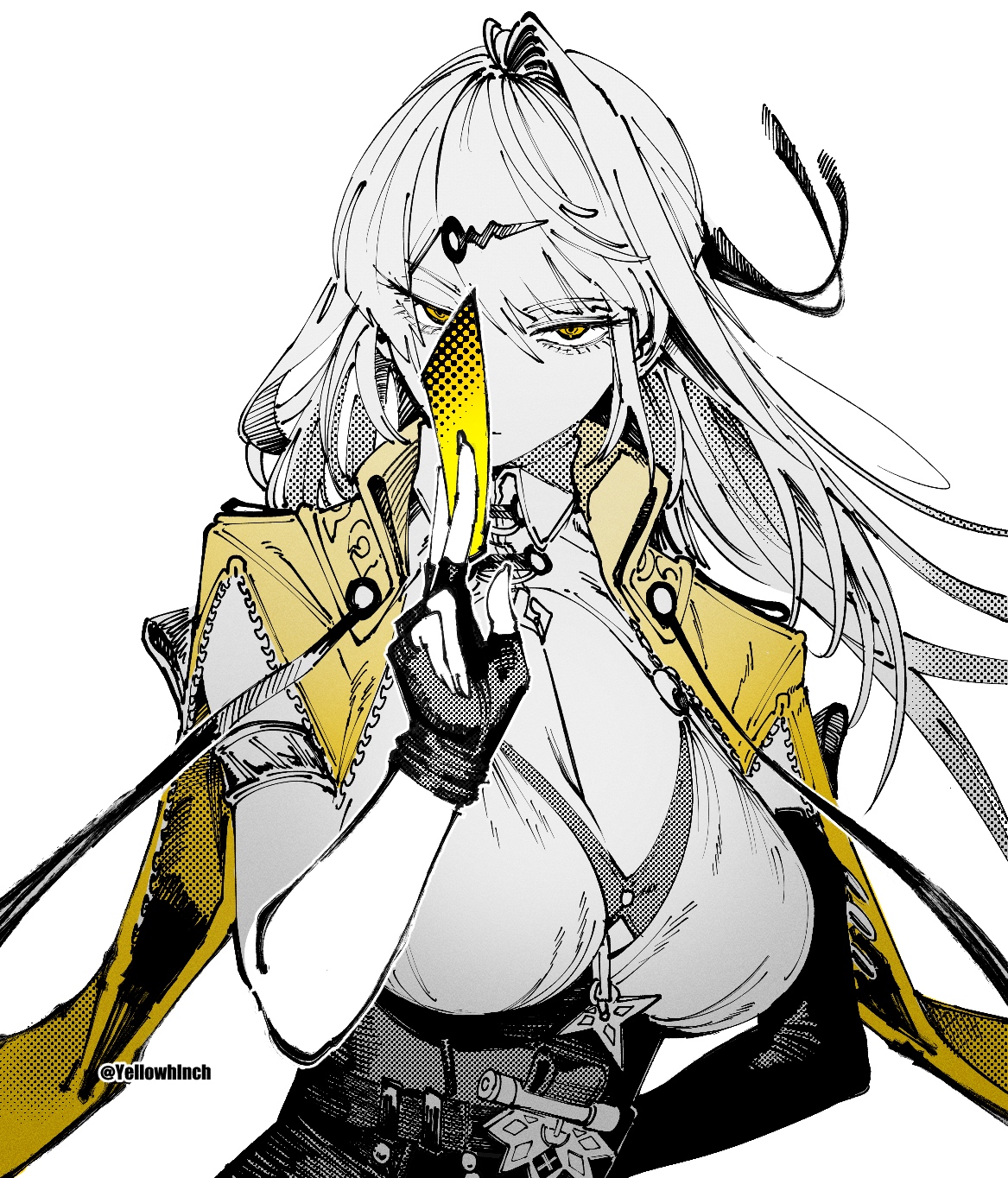 otimusyairoha, yixuan (zenless zone zero), zenless zone zero, commentary, highres, 1girl, arm behind back, ben-day dots, between breasts, breasts, dated commentary, fingerless gloves, gloves, hair ornament, hairclip, halftone, hand up, large breasts, limited palette, long hair, looking at viewer, screentones, simple background, single hair intake, solo, twitter username, upper body, white background, yellow eyes