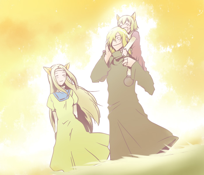 sakazakimay, memusu, tsuuma, viral (ttgl), tengen toppa gurren lagann, bad id, bad pixiv id, 00s, animal ears, blonde hair, child, dreaming, dress, family, head wreath, illusion, long hair, robe, short hair, smile, sunset