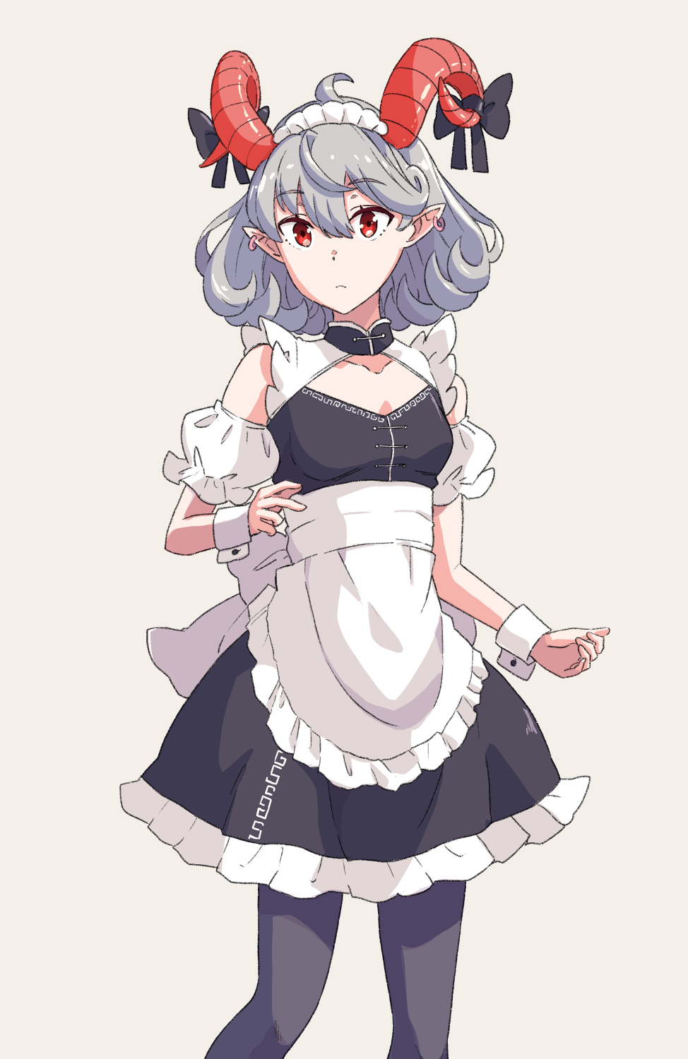 jack (wkm74959), toutetsu yuuma, touhou, highres, 1girl, ahoge, alternate costume, apron, back bow, bare shoulders, black bow, black dress, black pantyhose, bow, closed mouth, cowboy shot, dress, ear piercing, enmaided, frilled skirt, frilled sleeves, frills, grey background, grey hair, hair between eyes, horn bow, horn ornament, horns, looking at viewer, maid, maid headdress, one-hour drawing challenge, pantyhose, piercing, pointy ears, puffy short sleeves, puffy sleeves, red horns, sheep horns, short sleeves, simple background, skirt, sleeveless, sleeveless dress, solo, standing, white apron, white headdress, white wrist cuffs, wrist cuffs