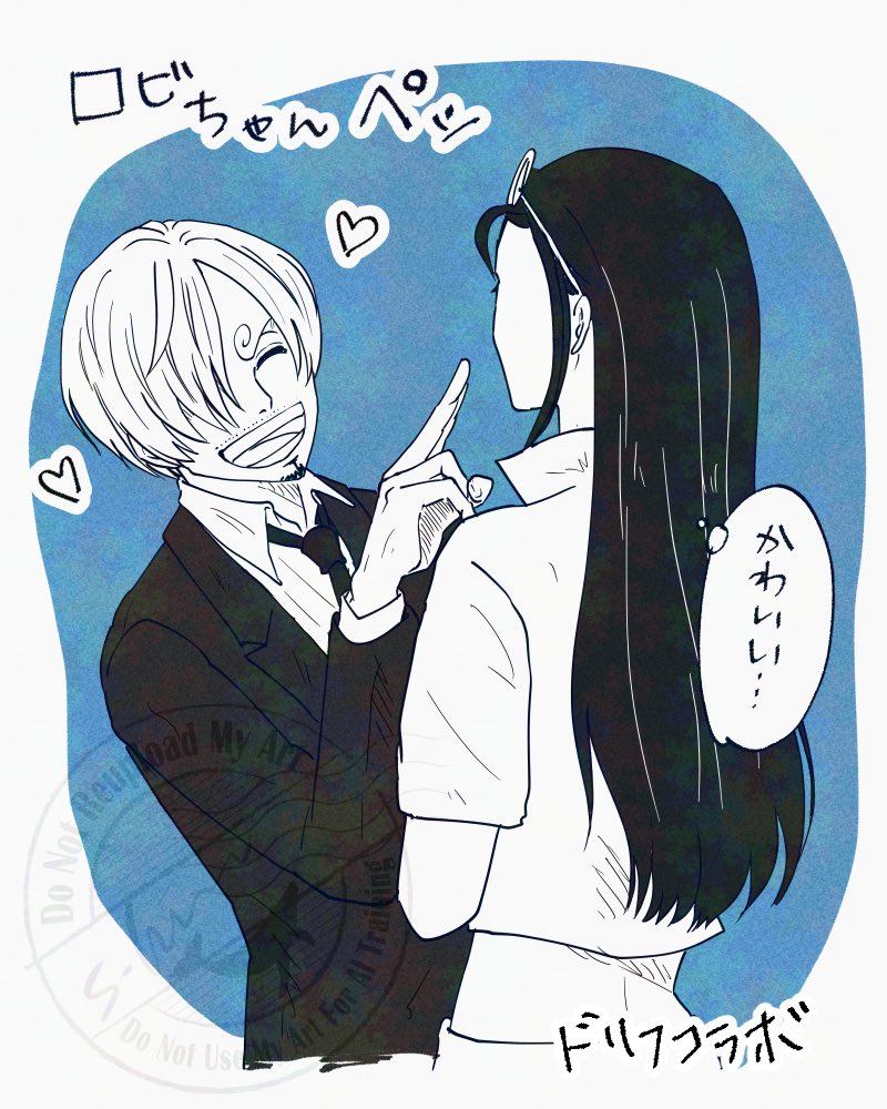 s hirokujira, nico robin, sanji (one piece), one piece, 1boy, 1girl, curly eyebrows, facial hair, formal clothes, goatee, hair over one eye, heart, long hair, monochrome, mustache stubble, necktie, sketch, smile, stubble, suit, upper body