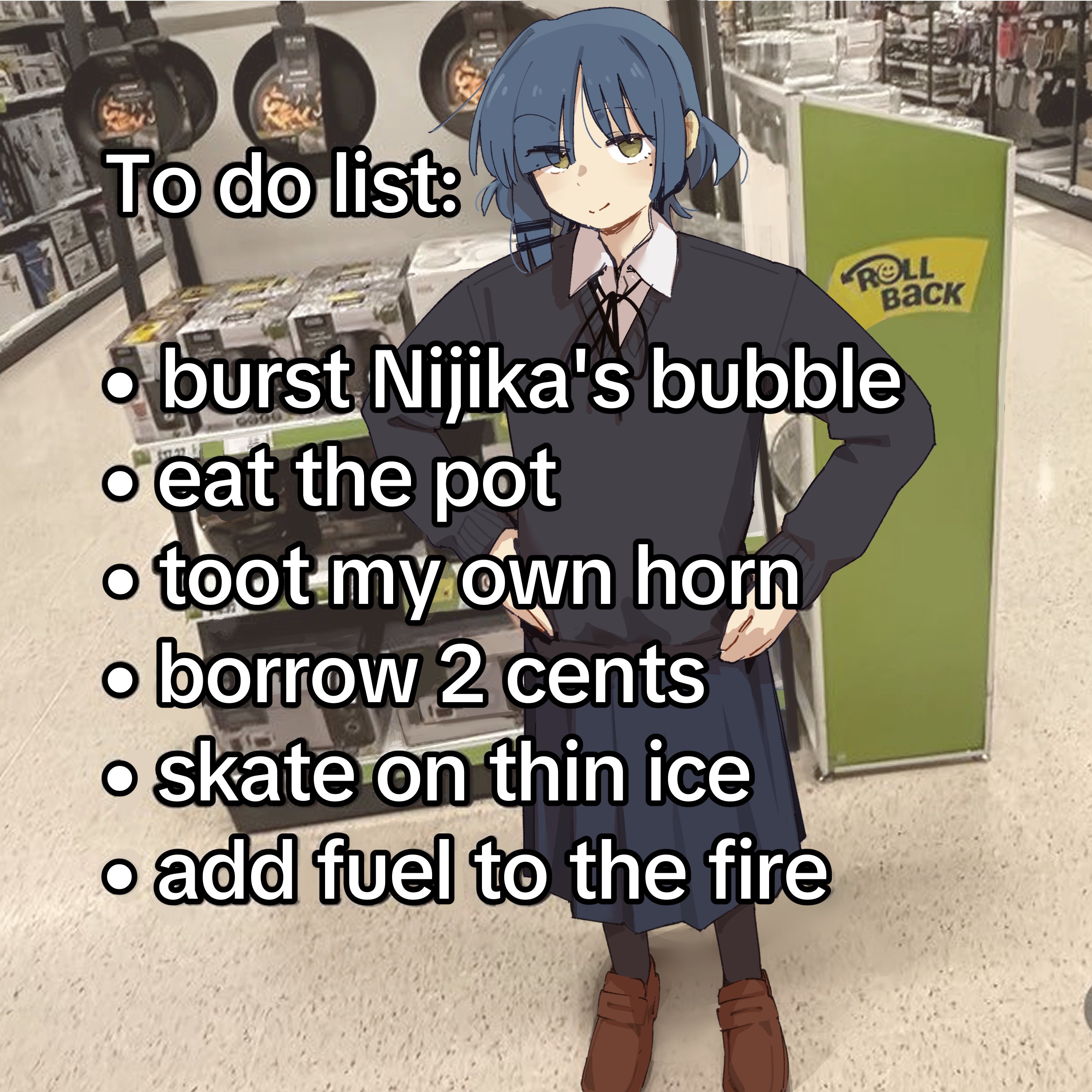 machuuu68, yamada ryo, bocchi the rock!, absurdres, commentary, english commentary, highres, 1girl, black pantyhose, black ribbon, black skirt, black sweater, blue hair, brown shoes, collared shirt, english text, green eyes, hair ornament, hairclip, hands on own hips, long sleeves, looking at viewer, medium hair, mole, mole under eye, neck ribbon, pantyhose, pleated skirt, puffy long sleeves, puffy sleeves, real world location, ribbon, shirt, shoes, skirt, smile, sweater, undershirt, white shirt