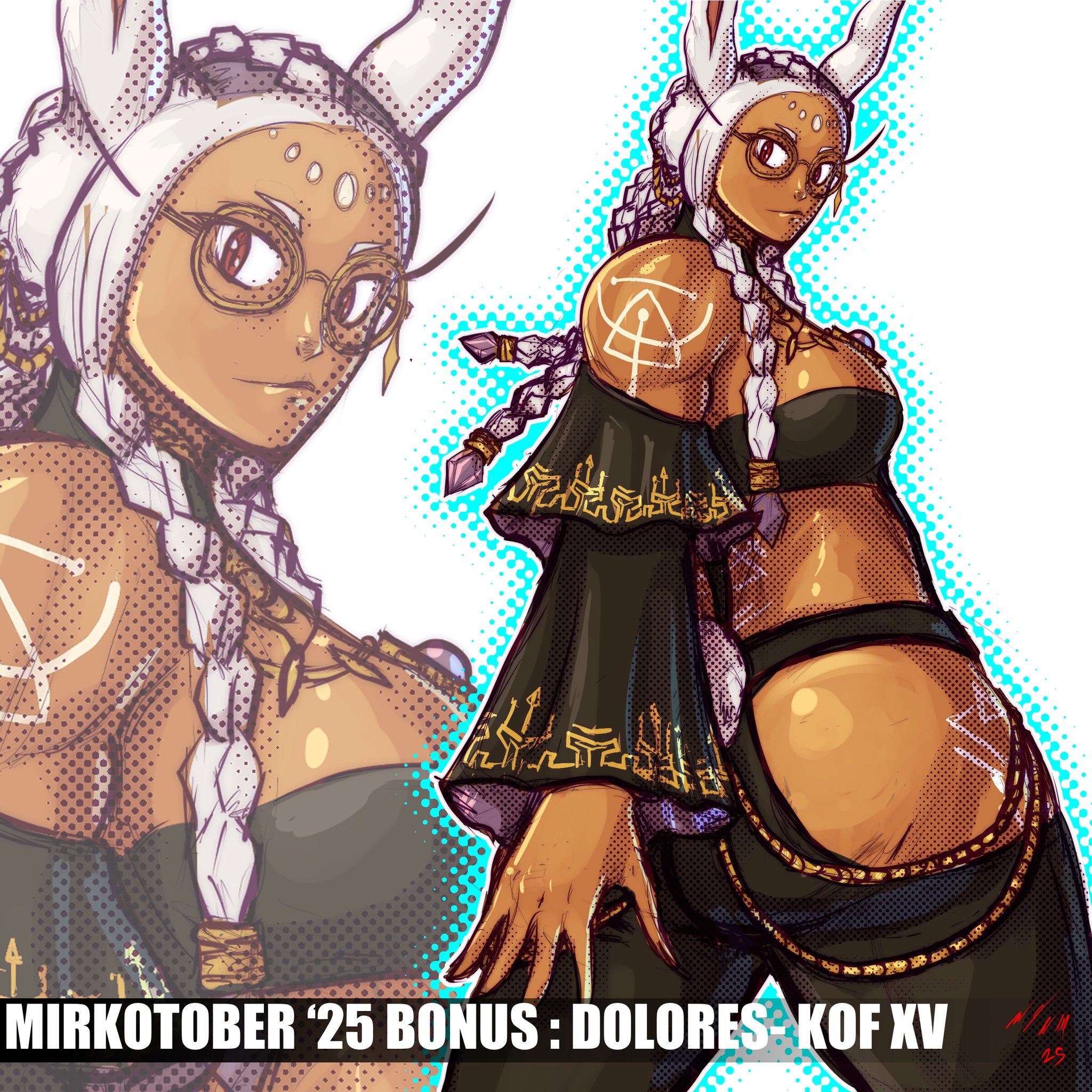 taurence bell, dolores (kof), mirko, boku no hero academia, the king of fighters, 1girl, ass, bodypaint, braid, breasts, curvy, dark-skinned female, dark skin, dress, from behind, glasses, gold, huge ass, large breasts, long hair, looking at viewer, looking back, panties, rabbit, rabbit ears, rabbit girl, red eyes, round eyewear, thick thighs, thighs, underwear, white hair
