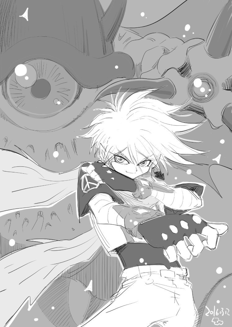 yabuno ten'ya, deathmon, saiba neo, digimon, digimon adventure v-tamer 01, official art, 2016, 2boys, claws, dated, demon, digimon (creature), elbow gloves, gloves, looking at viewer, monochrome, multiple boys, no mouth, short hair, smile, spiked hair, wings