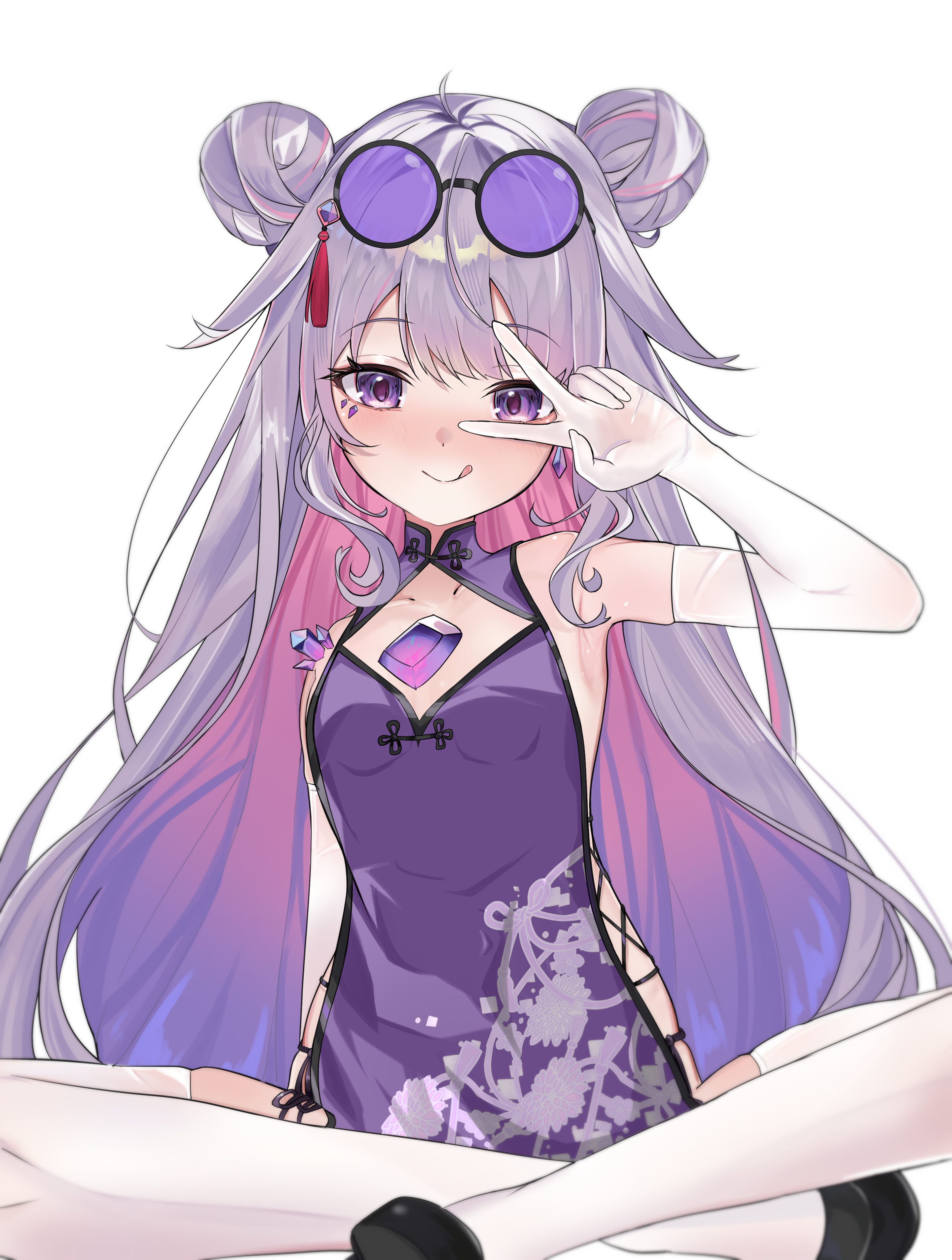 castellayaki, koseki bijou, hololive, hololive english, absurdres, highres, 1girl, chest jewel, china dress, chinese clothes, colored inner hair, double bun, dress, gem, gloves, gradient hair, grey hair, hair bun, indian style, jewel under eye, long hair, looking at viewer, material growth, multicolored hair, pink hair, purple-tinted eyewear, purple eyes, purple gemstone, purple hair, simple background, sitting, solo, thighhighs, tinted eyewear, v, v over eye, very long hair, virtual youtuber, white background, white gloves, white thighhighs