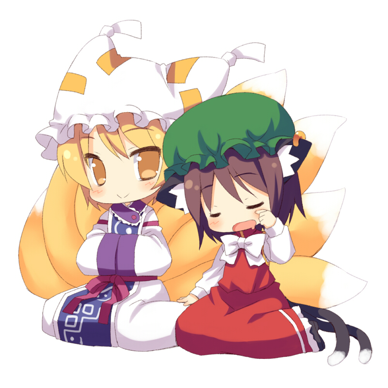 meito (maze), chen, yakumo ran, touhou, 2girls, :>, animal ears, animal hat, blonde hair, brown hair, cat ears, cat girl, cat tail, drooling, earrings, female focus, fox tail, full body, hands in opposite sleeves, hat, jewelry, long sleeves, mob cap, multiple girls, multiple tails, no pupils, open mouth, shoes, short hair, single earring, sitting, sleepy, smile, tail, tassel, wariza, white background, wide sleeves, yellow eyes