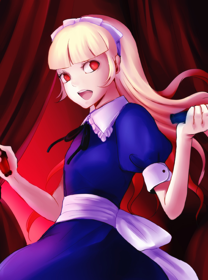 harano, alice (megami tensei), atlus, persona, shin megami tensei, 1girl, blonde hair, blunt bangs, curtains, dress, female focus, hair ribbon, hime cut, long hair, red eyes, ribbon, smile, solo