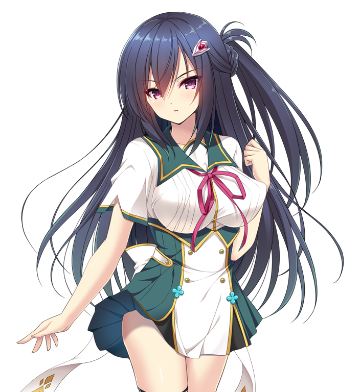 chikubi (artist), kusarou, mamiya inori, mahou shoujo inori, game cg, large variant set, non-web source, official art, variant set, 1girl, black hair, black thighhighs, blush, braid, breasts, clenched hand, cowboy shot, dress, hair between eyes, hair ornament, hairclip, hand up, large breasts, long hair, looking at viewer, neck ribbon, one side up, parted lips, pink ribbon, purple eyes, red ribbon, ribbon, school uniform, short dress, short sleeves, simple background, solo, standing, thighhighs, transparent background, very long hair, white background