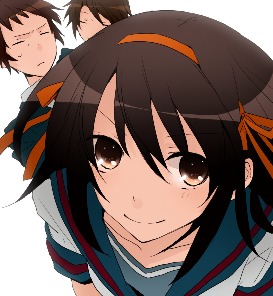 hakoda eko, koizumi itsuki, kyon, suzumiya haruhi, suzumiya haruhi no yuuutsu, bad id, bad pixiv id, 00s, 1girl, 2boys, brown eyes, brown hair, hairband, multiple boys, school uniform, serafuku, short hair