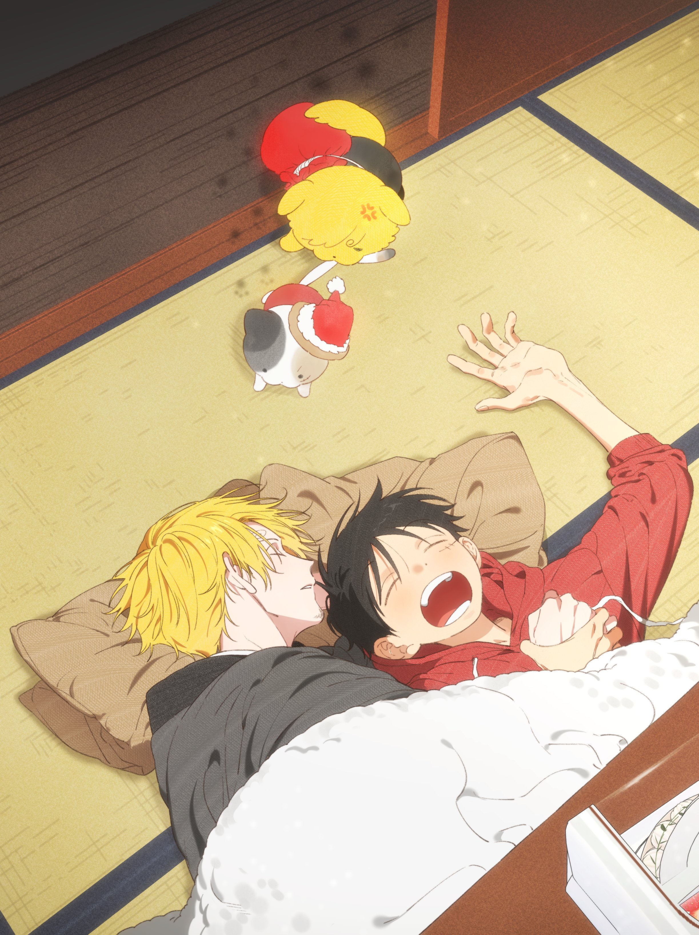 monkey d. luffy, sanji (one piece), one piece, absurdres, highres, 2boys, bed, black hair, blanket, blonde hair, cuddling, futon, male focus, multiple boys, pillow, qkdrkqkdrks2, sleeping, under covers