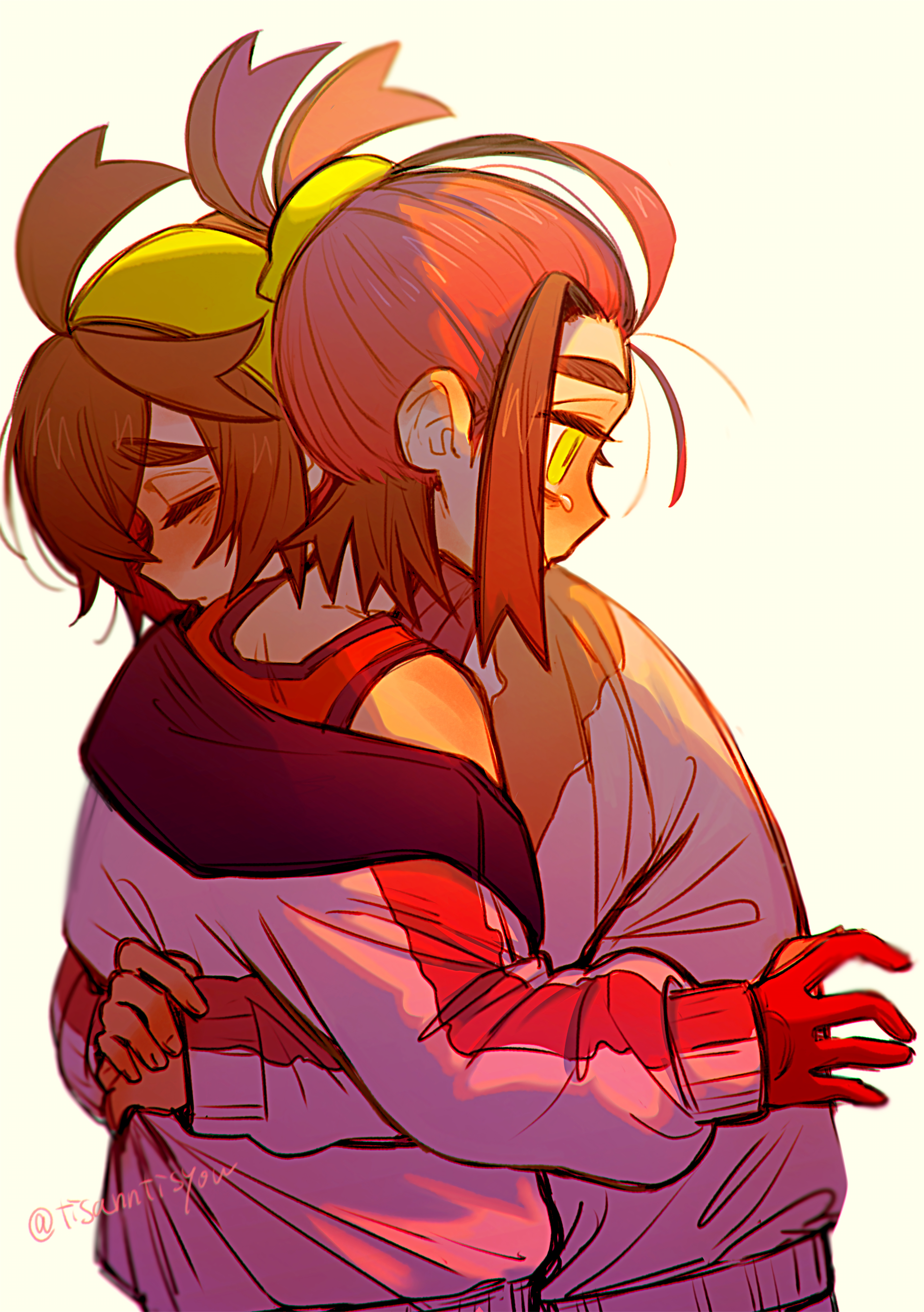 tisanntisyou, kieran (pokemon), nintendo, pokemon, pokemon sv, absurdres, highres, 2boys, ahoge, black hair, blueberry academy school uniform, closed eyes, crossed bangs, crying, crying with eyes open, dual persona, gloves, hairband, hover hand, hug, jacket, long sleeves, loose hair strand, male focus, multicolored hair, multiple boys, partially fingerless gloves, ponytail, purple hair, red gloves, red tank top, school uniform, short hair, signature, tank top, tears, thick eyebrows, two-tone hair, white jacket, yellow eyes, yellow hairband