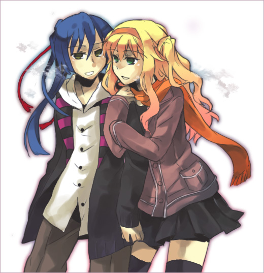 yuzu juncgr, saotome alto, sheryl nome, macross, macross frontier, 00s, 1boy, 1girl, arm hug, blonde hair, blue hair, couple, green eyes, hetero, long hair, ponytail, scarf, thighhighs