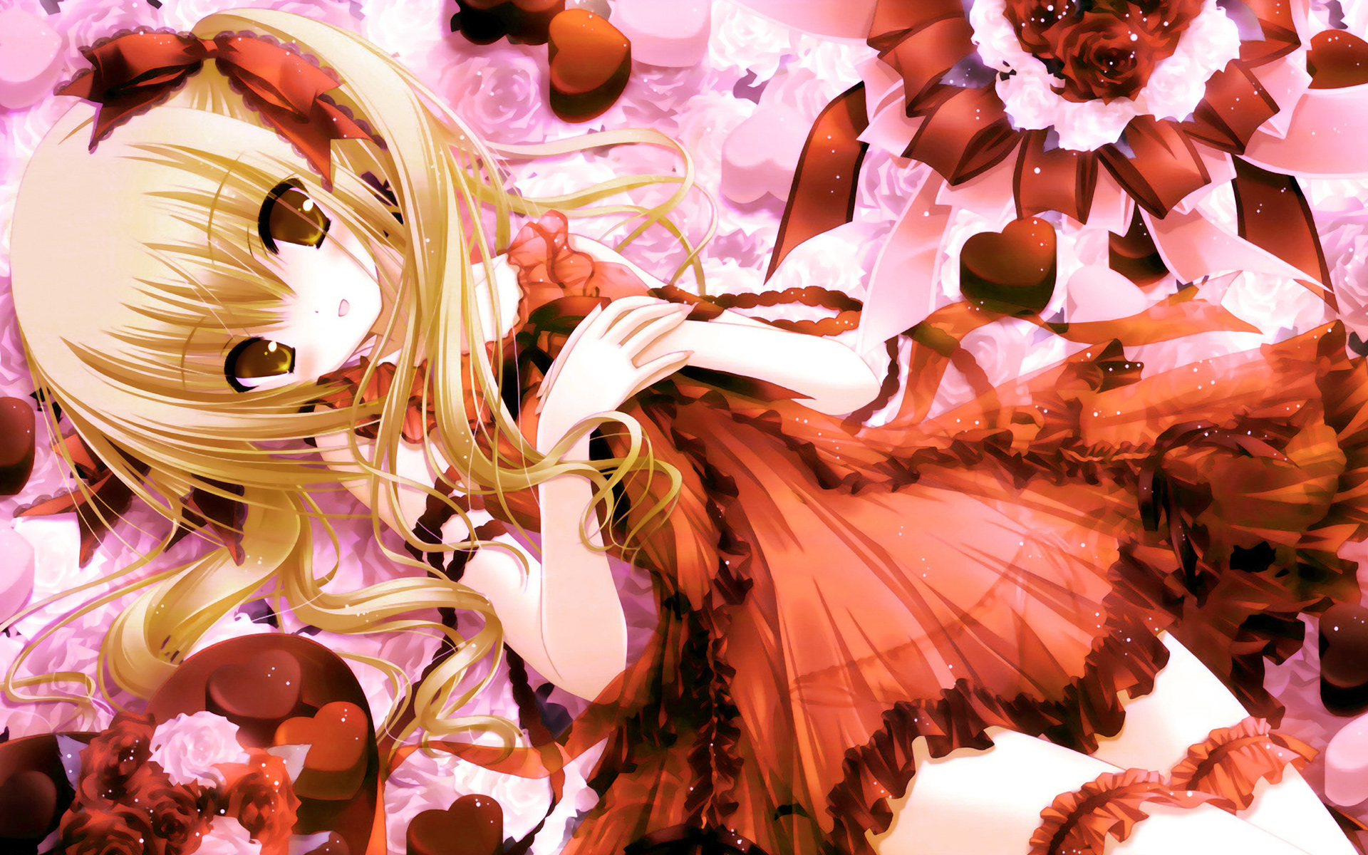 tinker bell (pixiv 10956015), highres, 1girl, blonde hair, female focus, flower, food, frilled thighhighs, frills, fruit, long hair, orange (fruit), orange theme, see-through clothes, solo, thighhighs