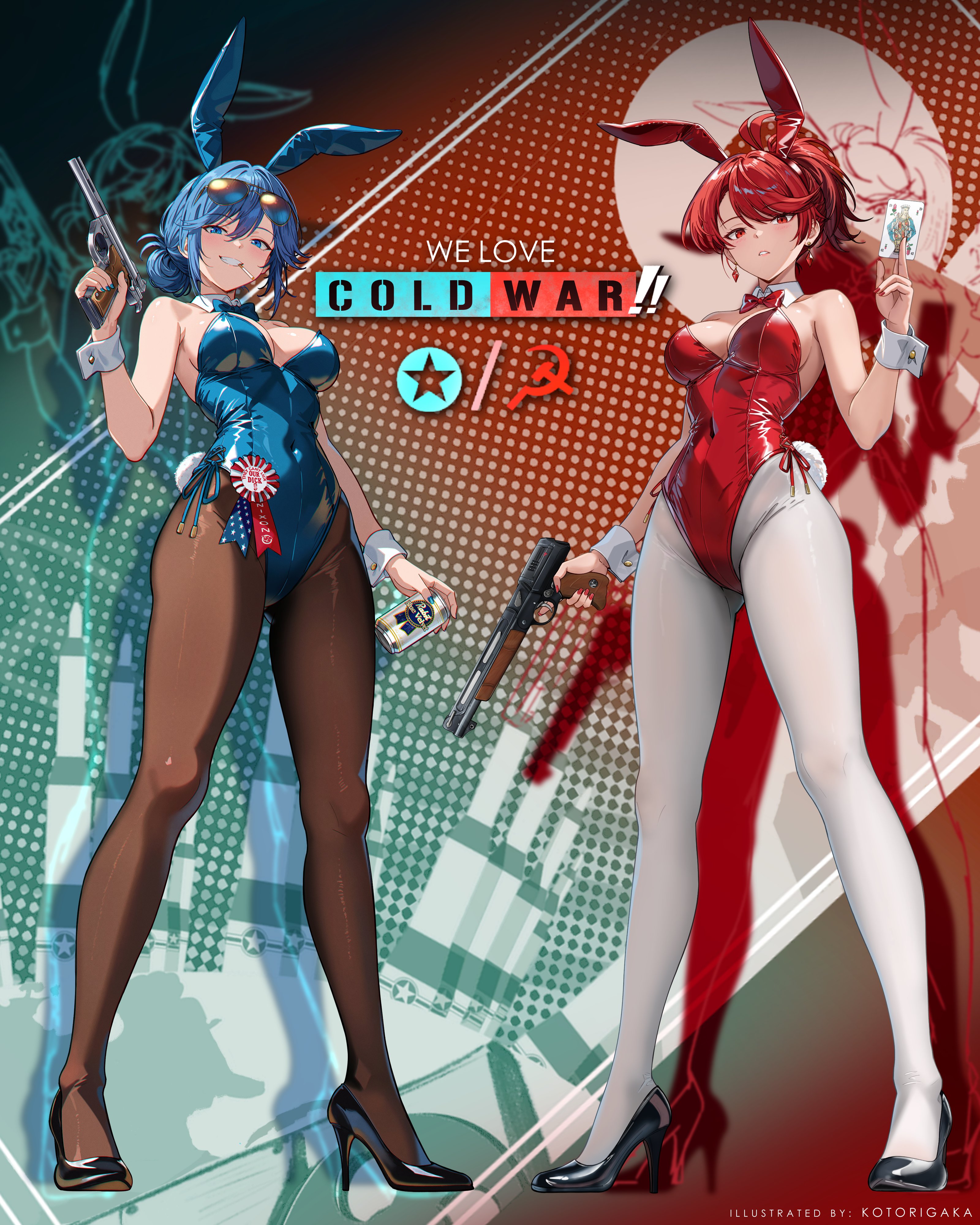 kotorigaka, we love cold war, absurdres, commentary, english commentary, highres, weapon request, 2girls, animal ears, artist name, automag, aviator sunglasses, beer can, blue eyes, blue hair, blue leotard, breasts, can, card, central intelligence agency, covered navel, detached collar, drink can, gun, handgun, high heels, holding, holding gun, holding weapon, kgb, leotard, logo background, looking at viewer, multiple girls, naomi bluebird, pantyhose, playboy bunny, playing card, rabbit ears, red eyes, red hair, red leotard, ribbon, shadow, sheer pantyhose, side-tie leotard, sideboob, sunglasses, valerie konstanz, weapon, white pantyhose, wrist cuffs