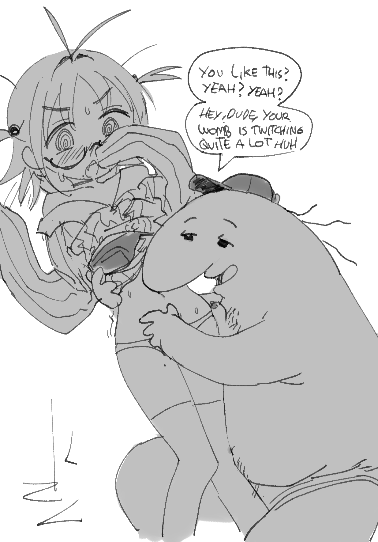 eds, charlie dompler, nino egyn, indie virtual youtuber, smiling friends, highres, 1boy, 1girl, @ @, baseball cap, boxers, fat, fat man, glasses, hat, long sleeves, male underwear, mole, no shirt, panties, thighhighs, twintails, underwear, virtual youtuber